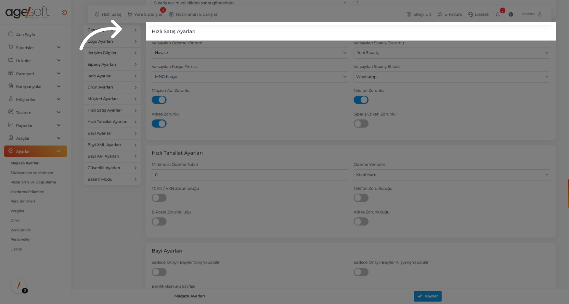 Tıklamak 'Hızlı Satış Ayarları'