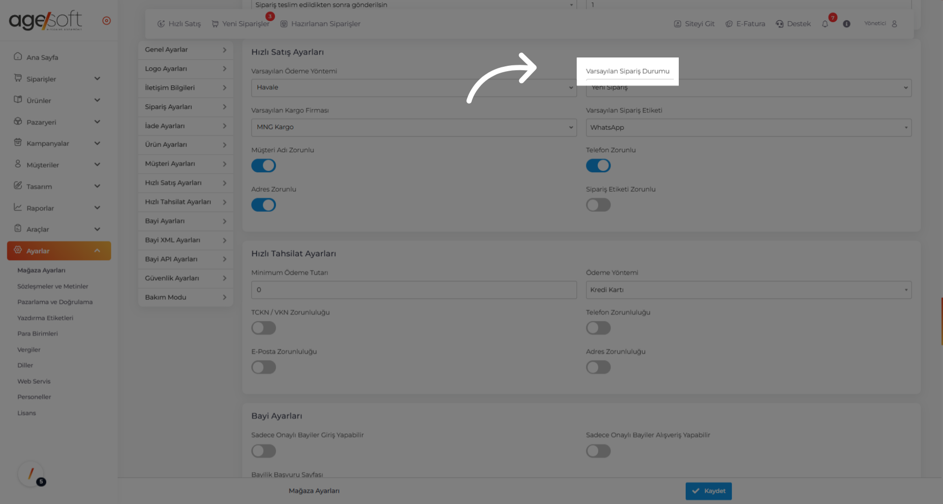 Tıklamak 'Varsayılan Sipariş Durumu'