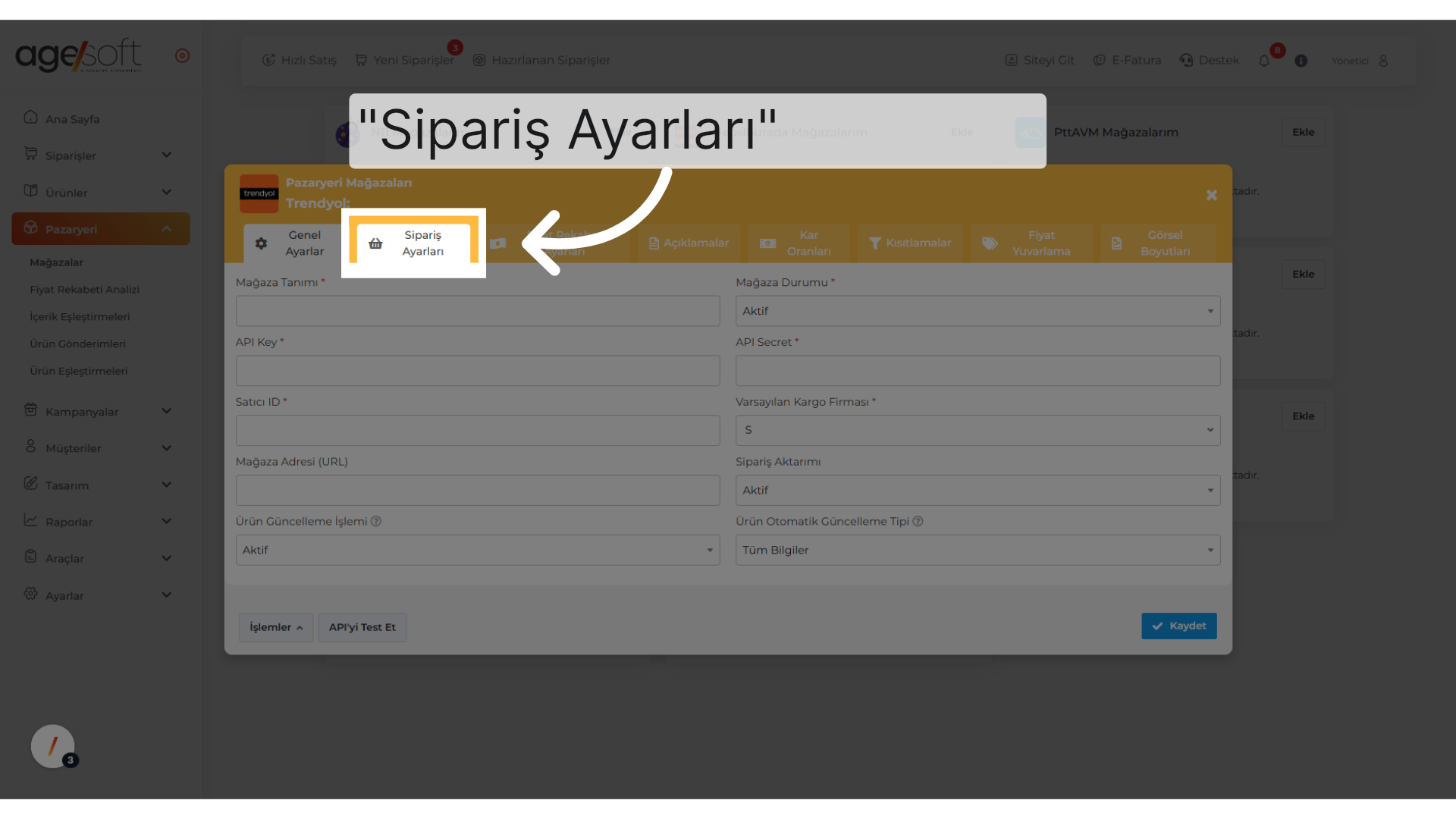 'Sipariş Ayarları'