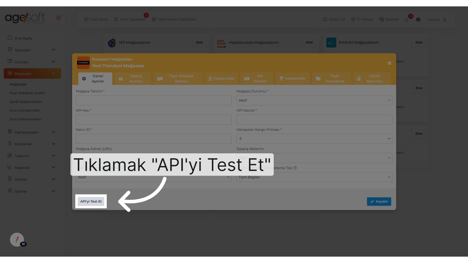 Tıklamak 'API'yi Test Et'