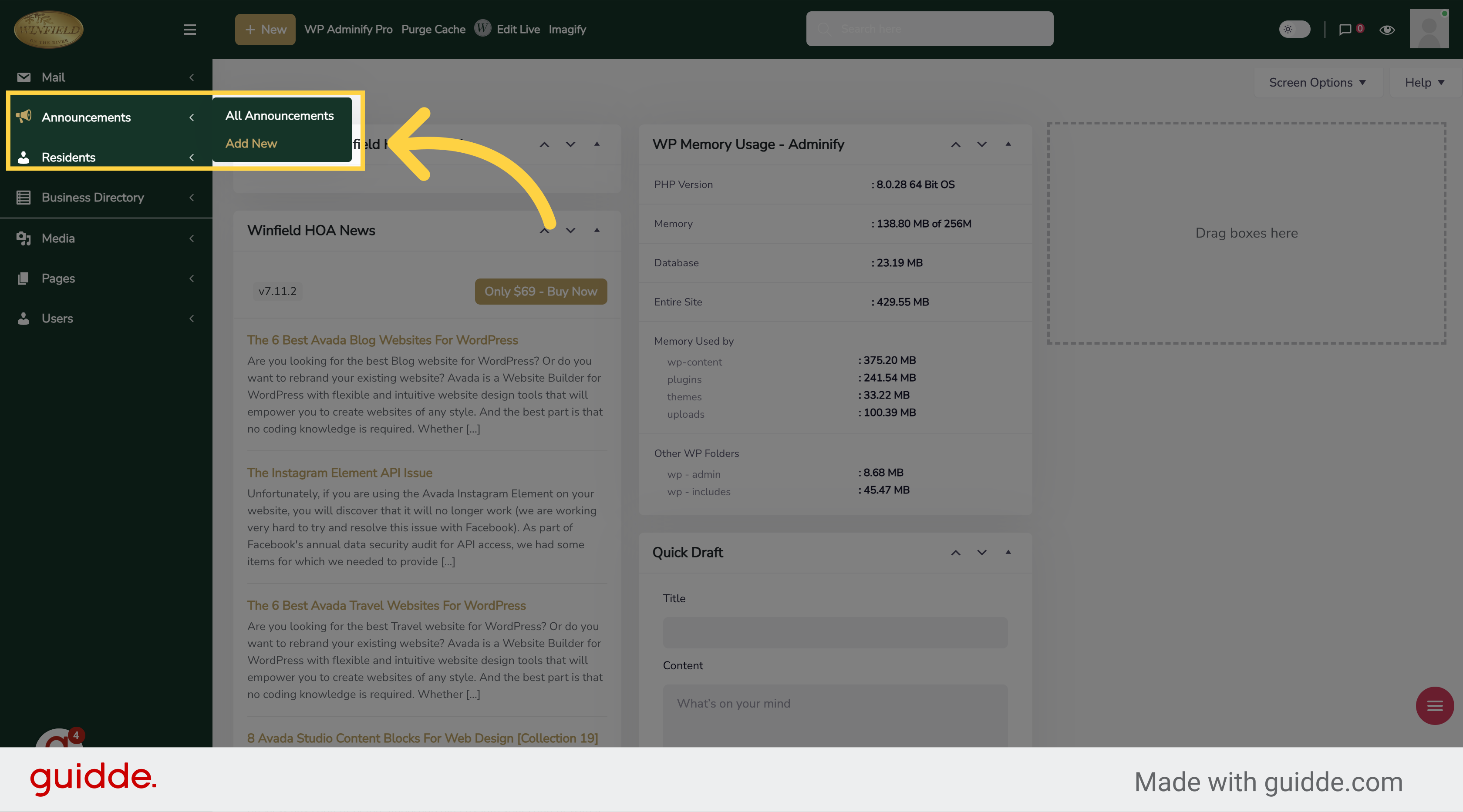 Click 'Add New' from 'Announcements' area