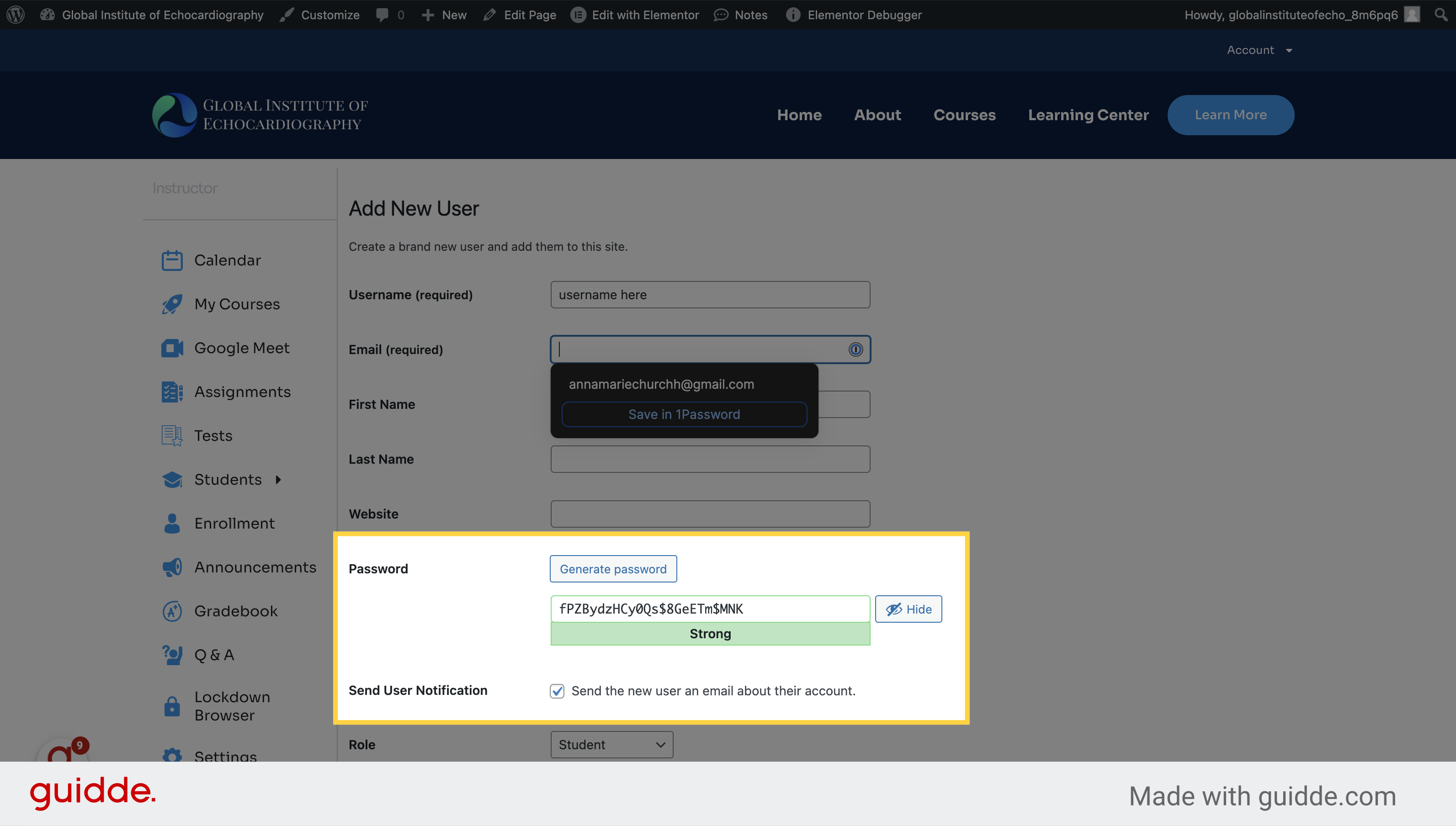 A password will be automatically generated. Make sure that 'Send User Notification' is checked