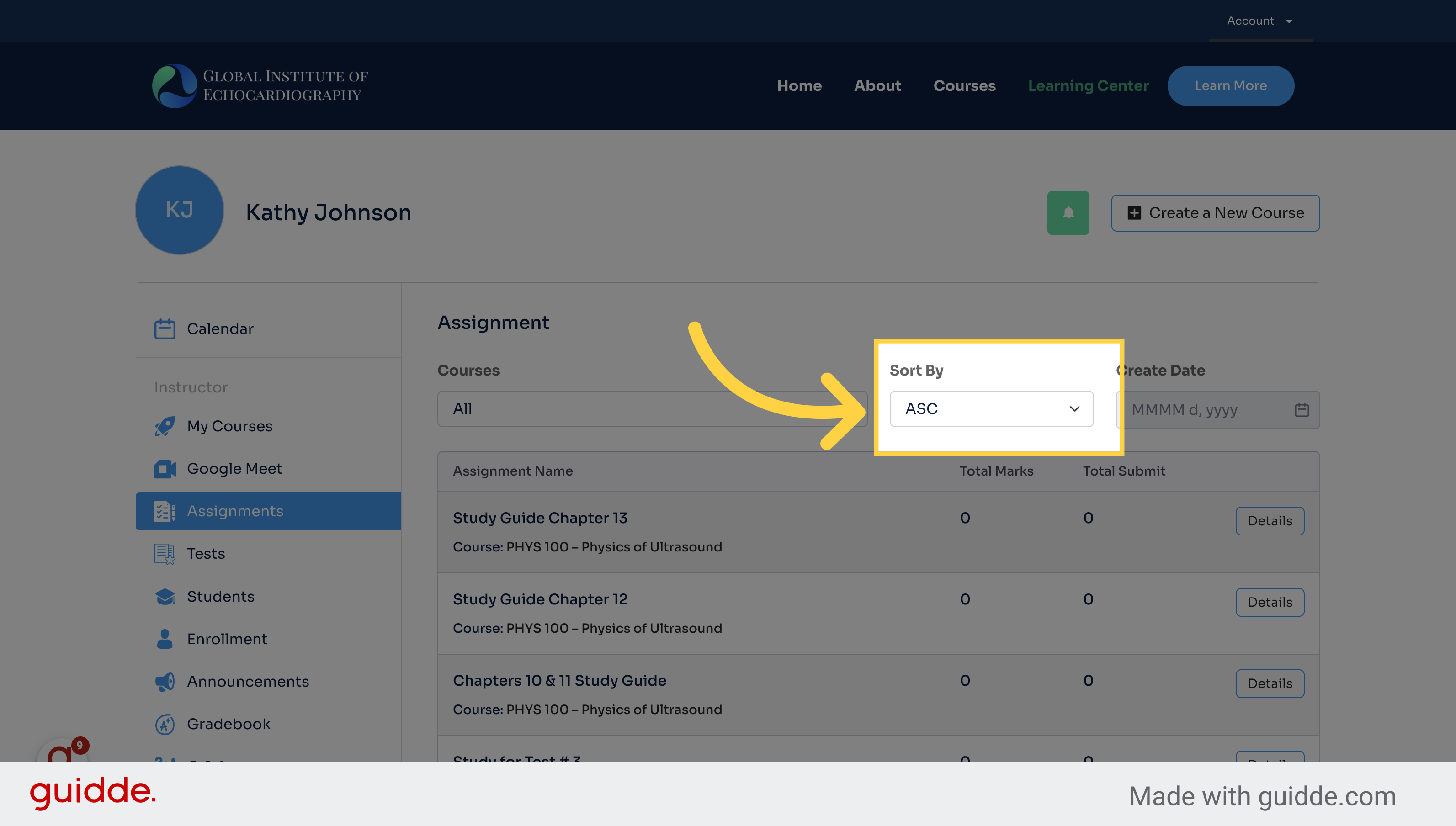 Click 'ASC / DSC ' to sort the assignments by date