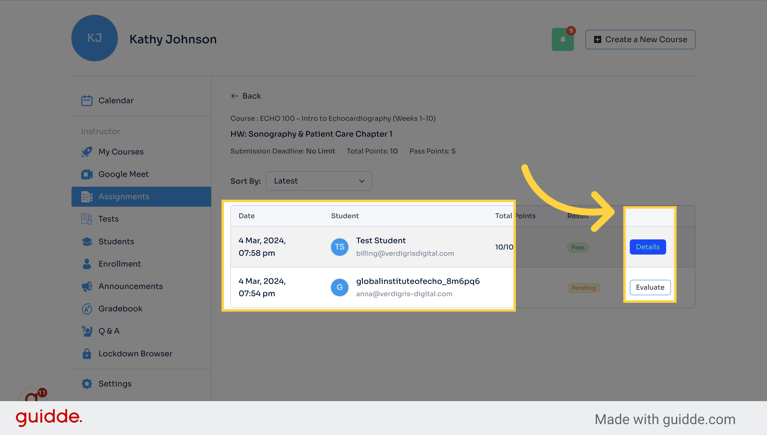 Click 'Details' or 'Evaluate' next to the assignment