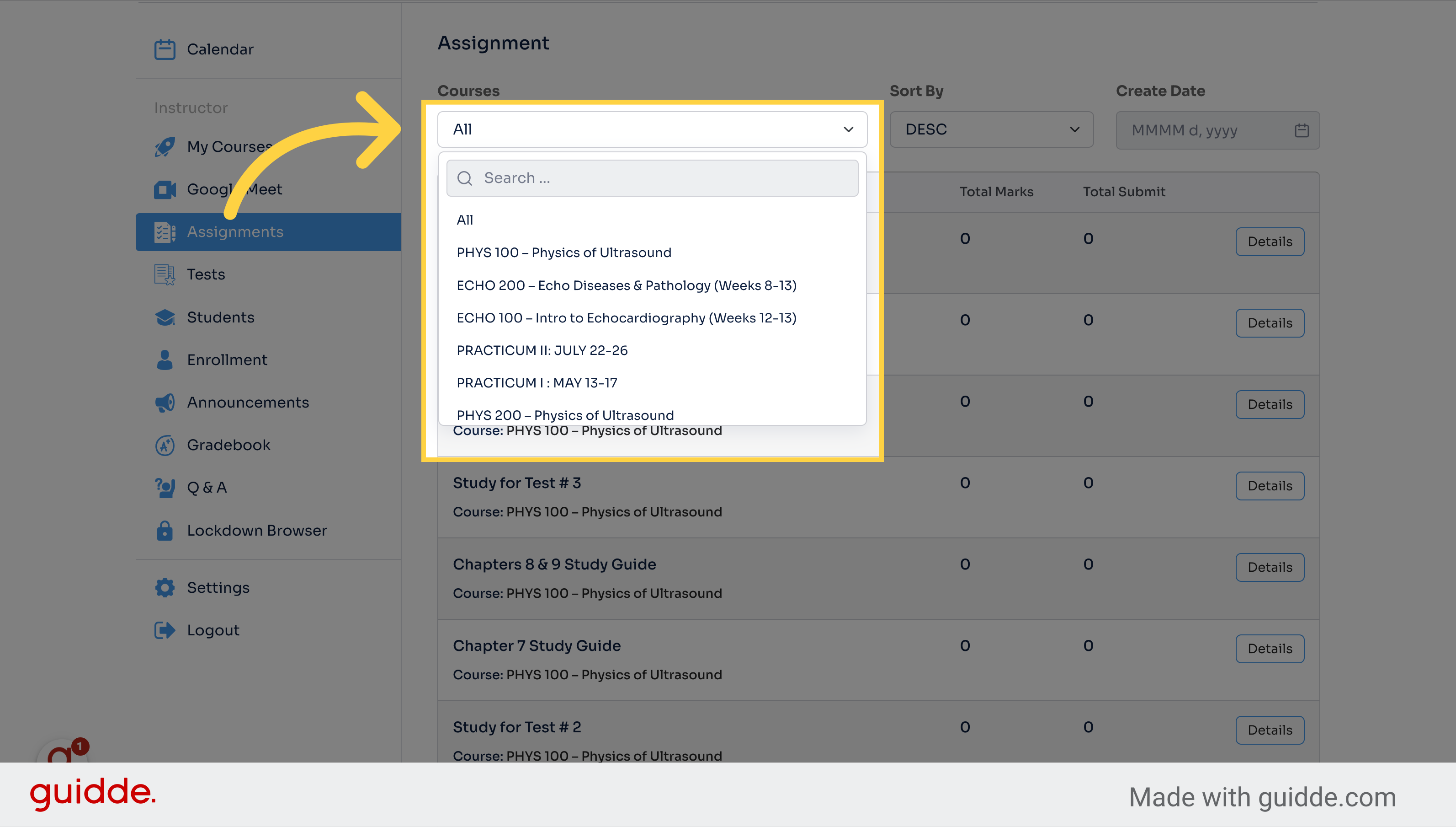 Click the dropdown to sort the assignments by Course