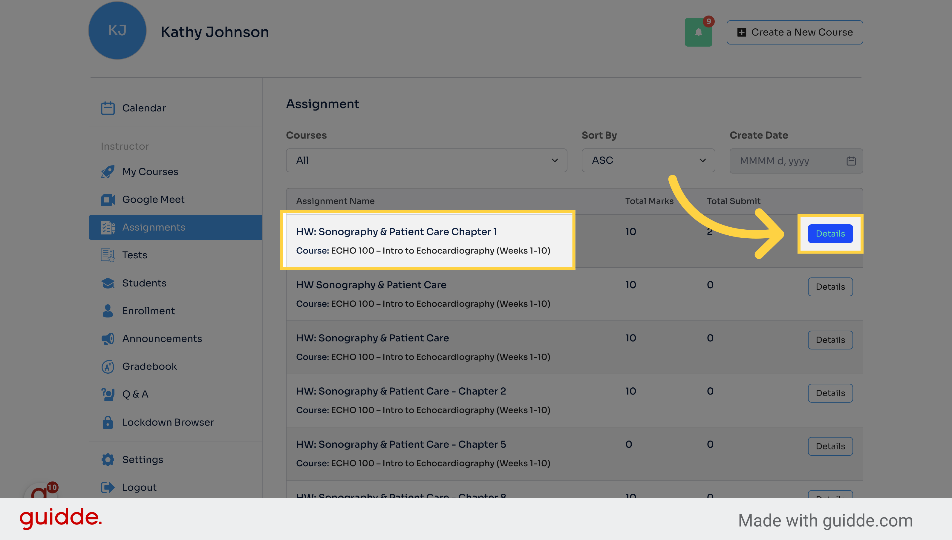 Click 'Details' next to the assignment to view and evaluate submissions