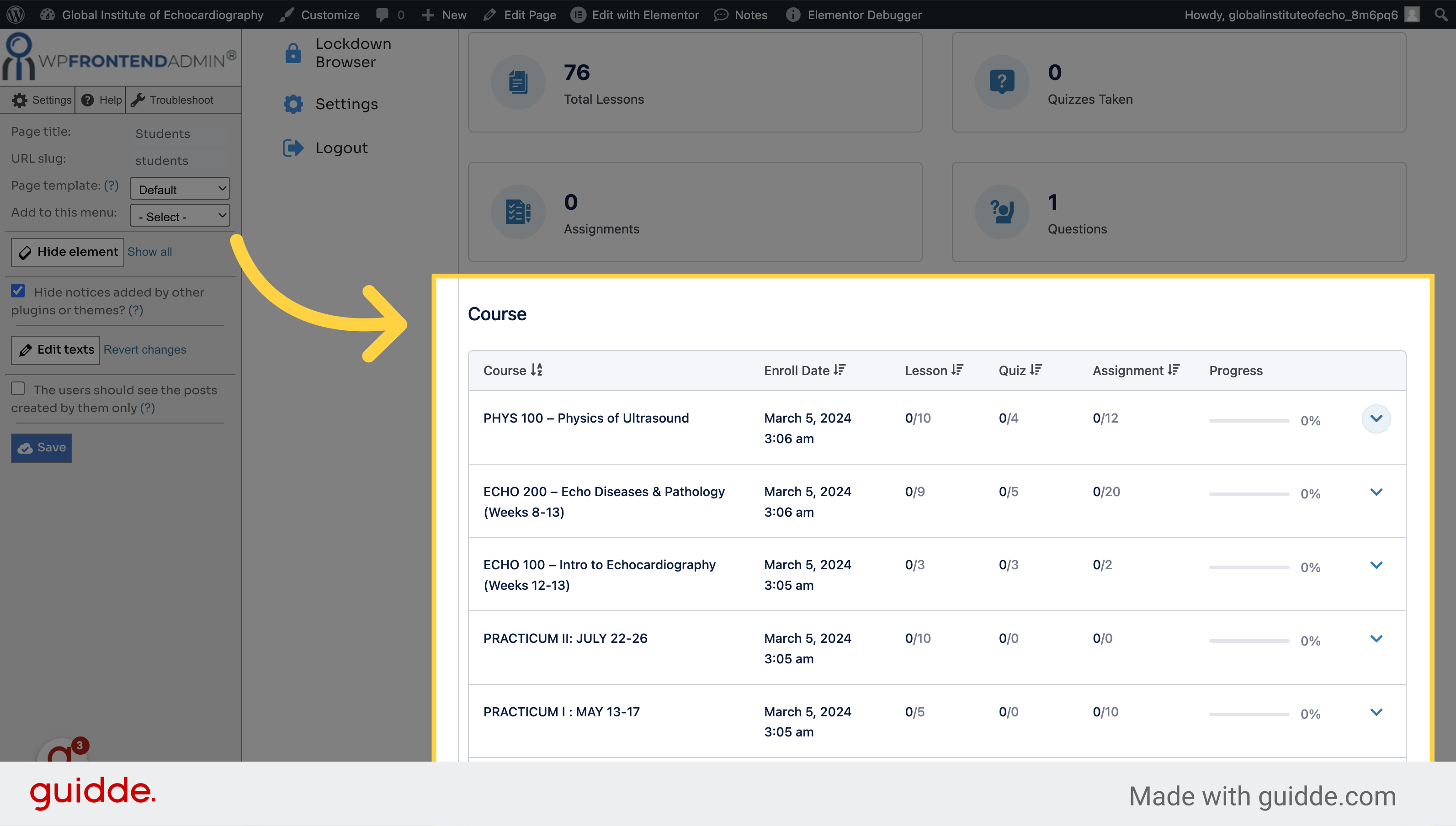 Scroll down to view their course progress and click the arrow to expand the details