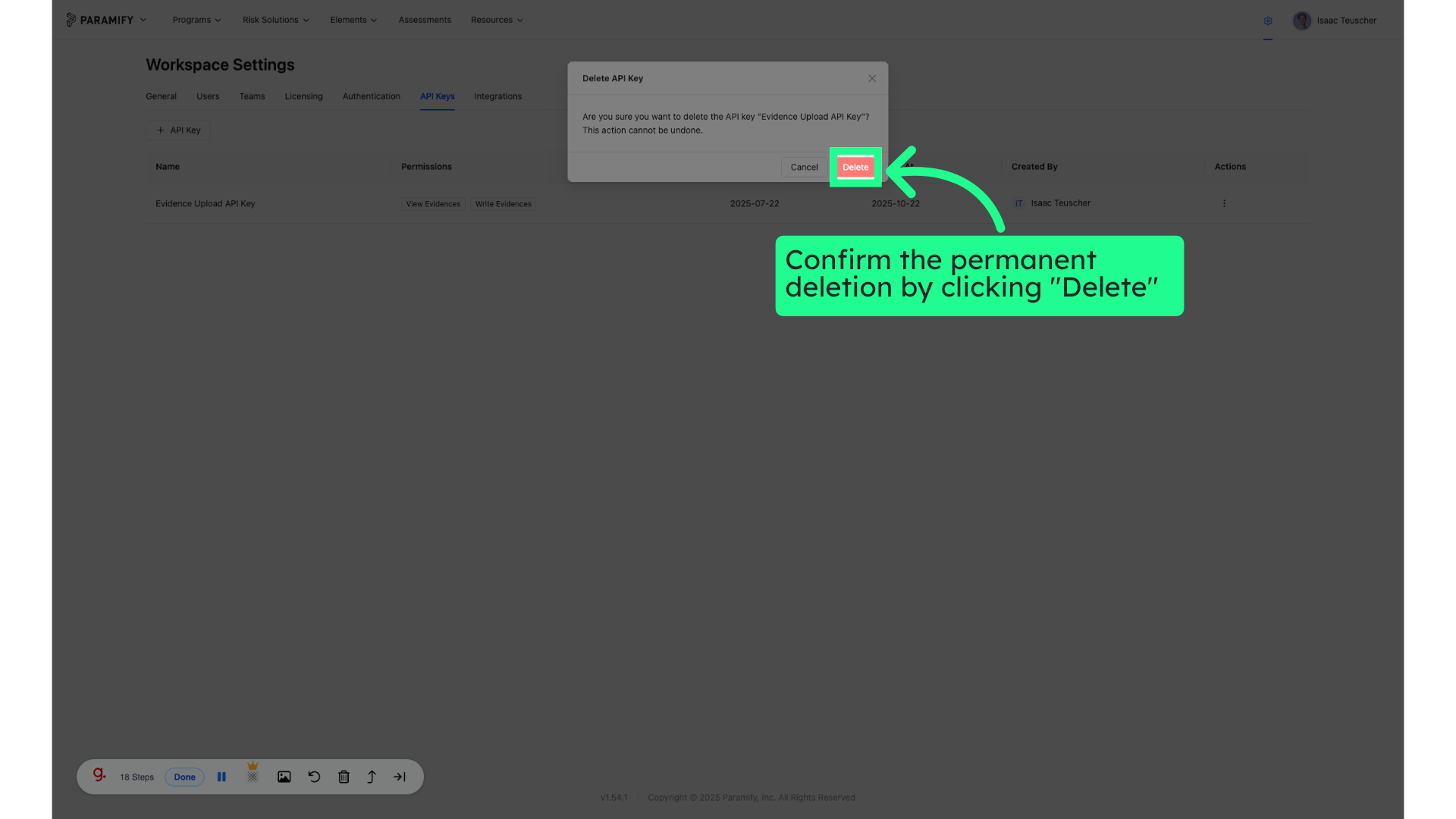 Confirm the permanent deletion by clicking 'Delete'