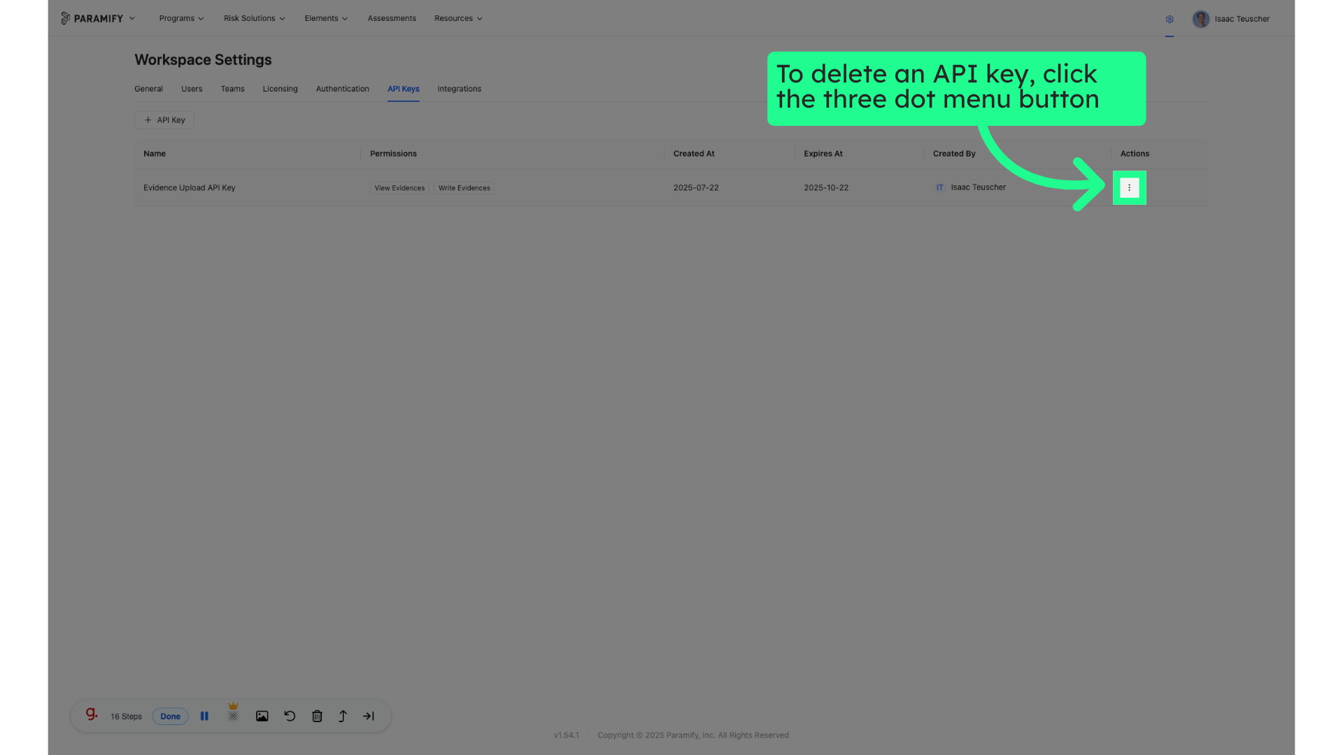 To delete an API key, click the three dot menu button