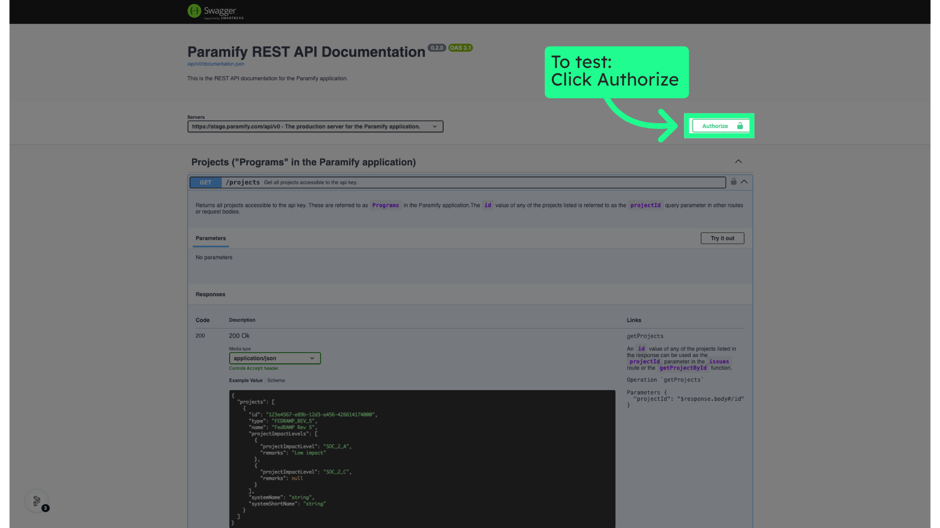 To test: Click Authorize