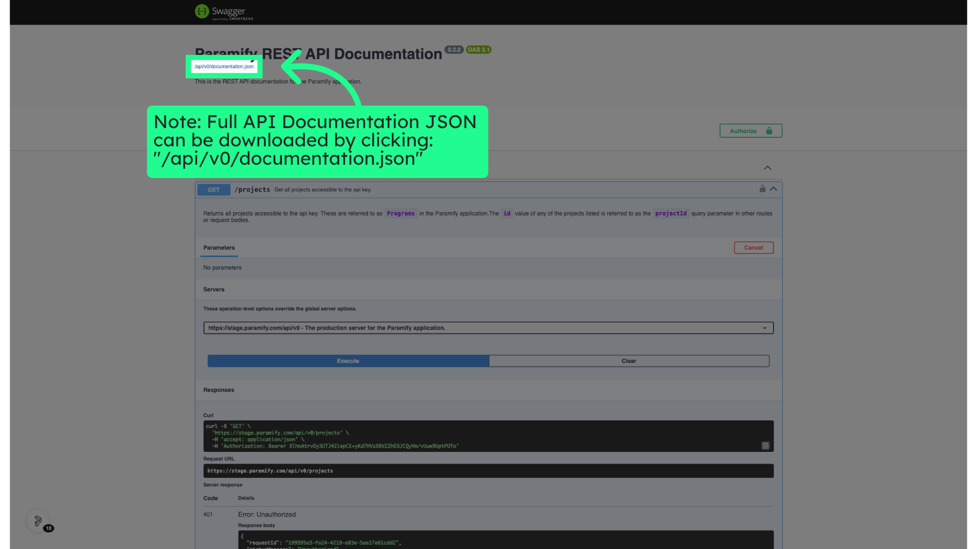 Note: Full API Documentation JSON can be downloaded by clicking: '/api/v0/documentation.json'
