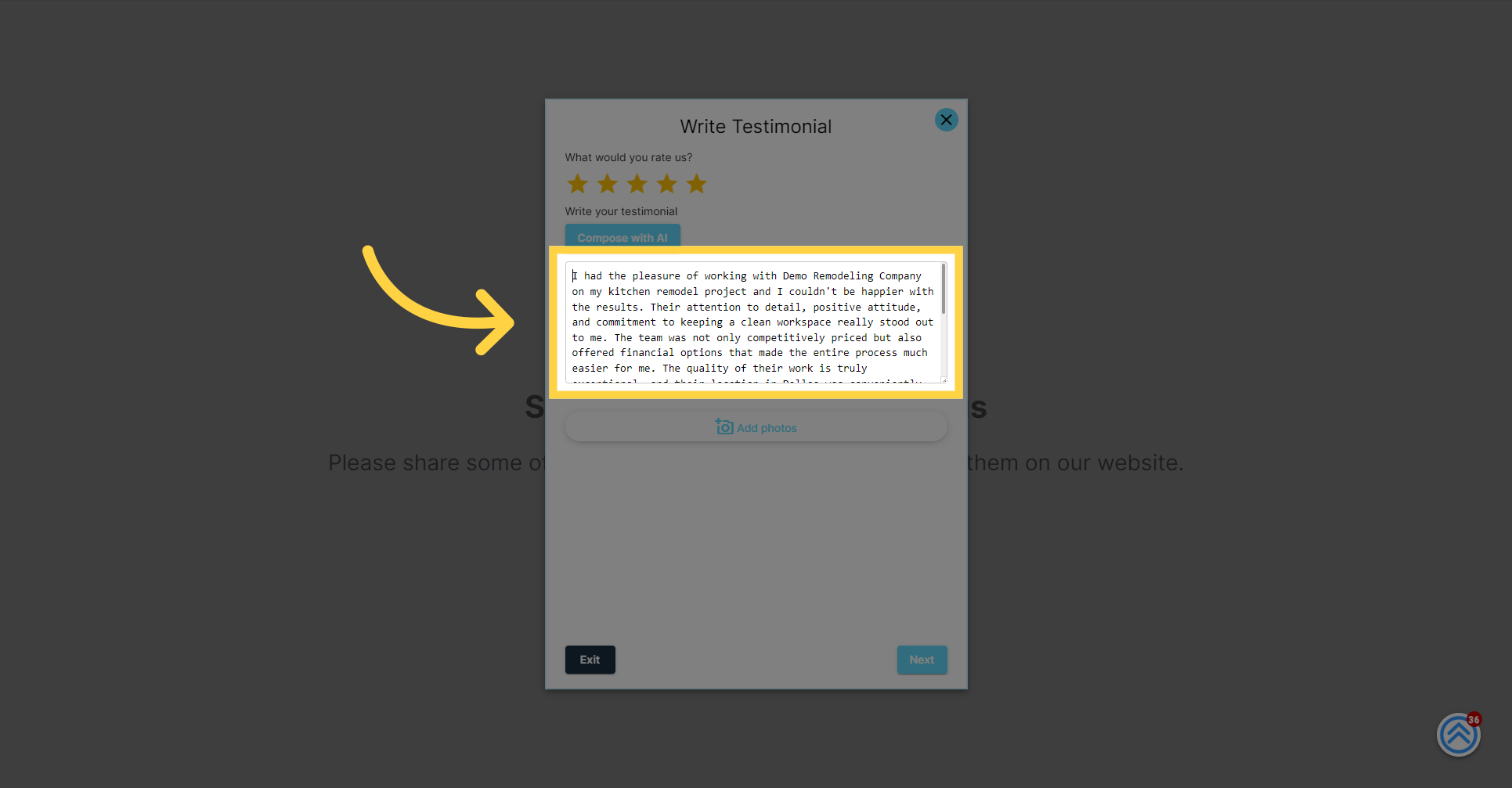 Reviewing an Auto-Generated Testimonial Example