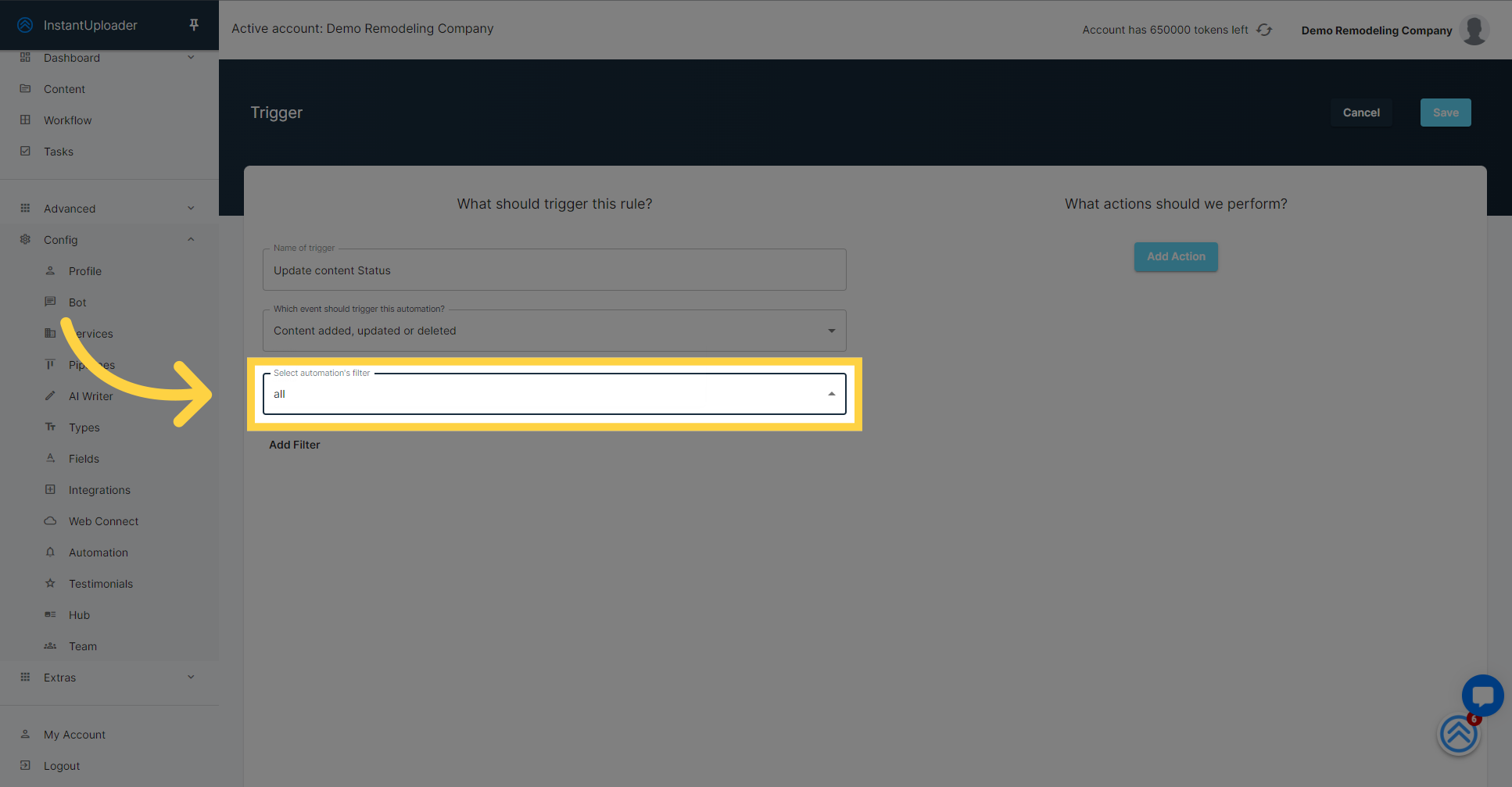 Specify the Automation's Filter Criteria