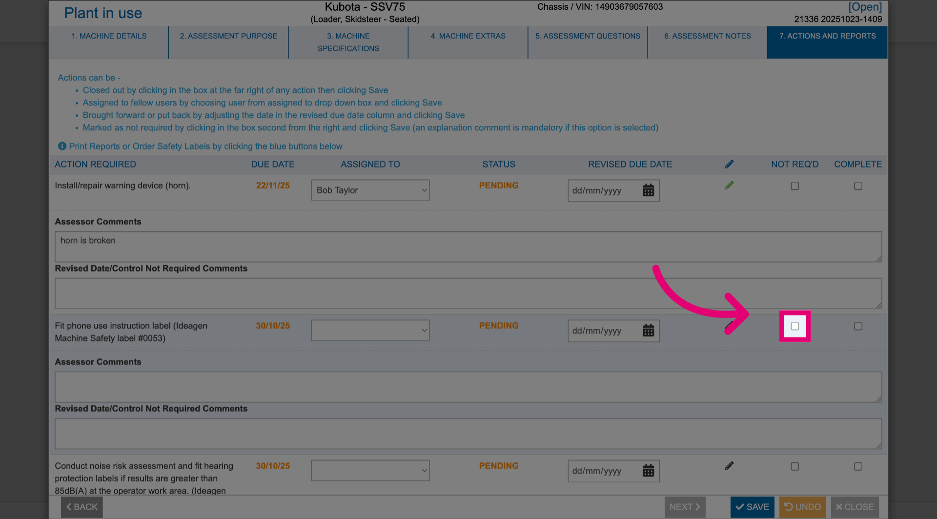 Tick 'Not req'd'