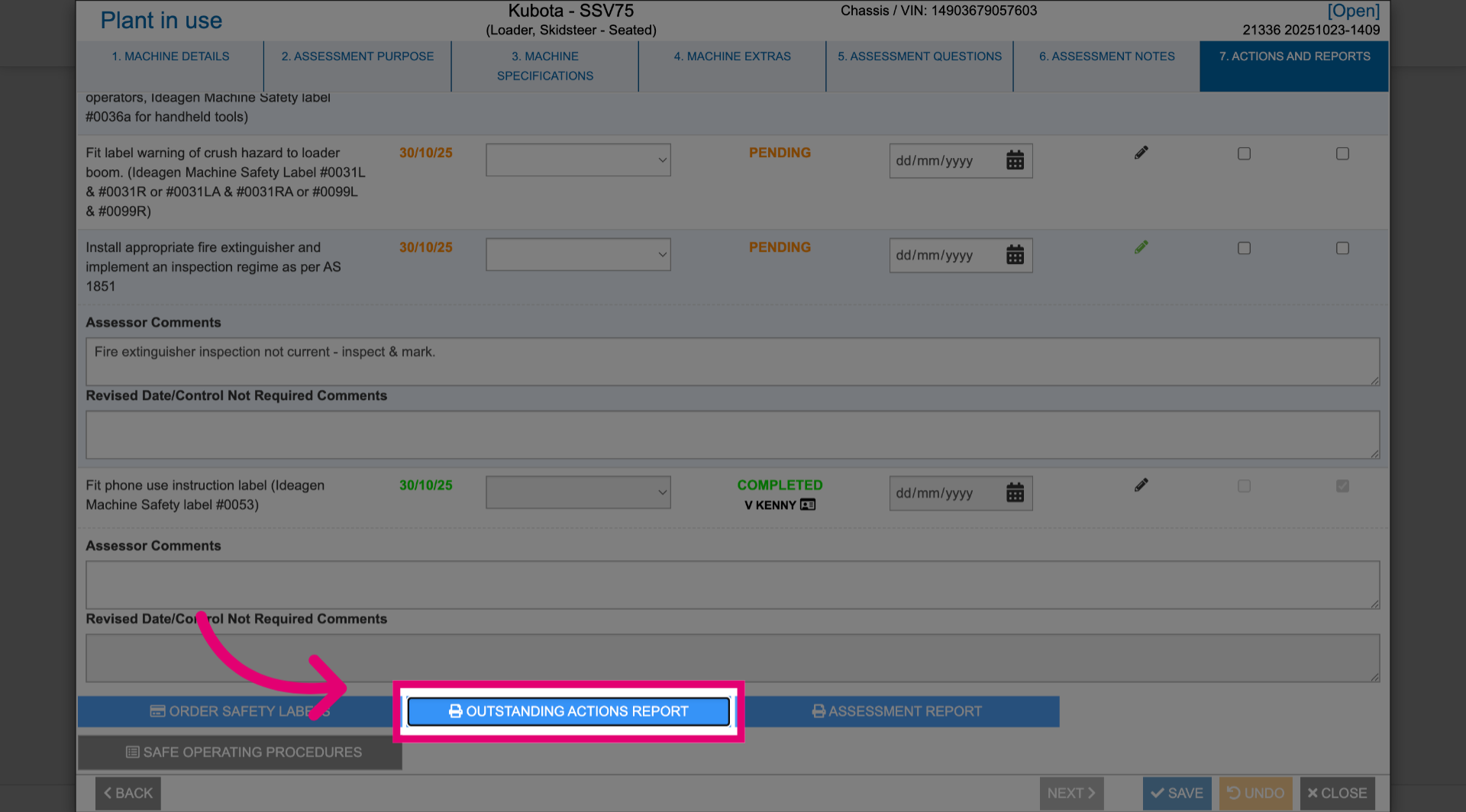 Click 'Oustanding Actions Report'