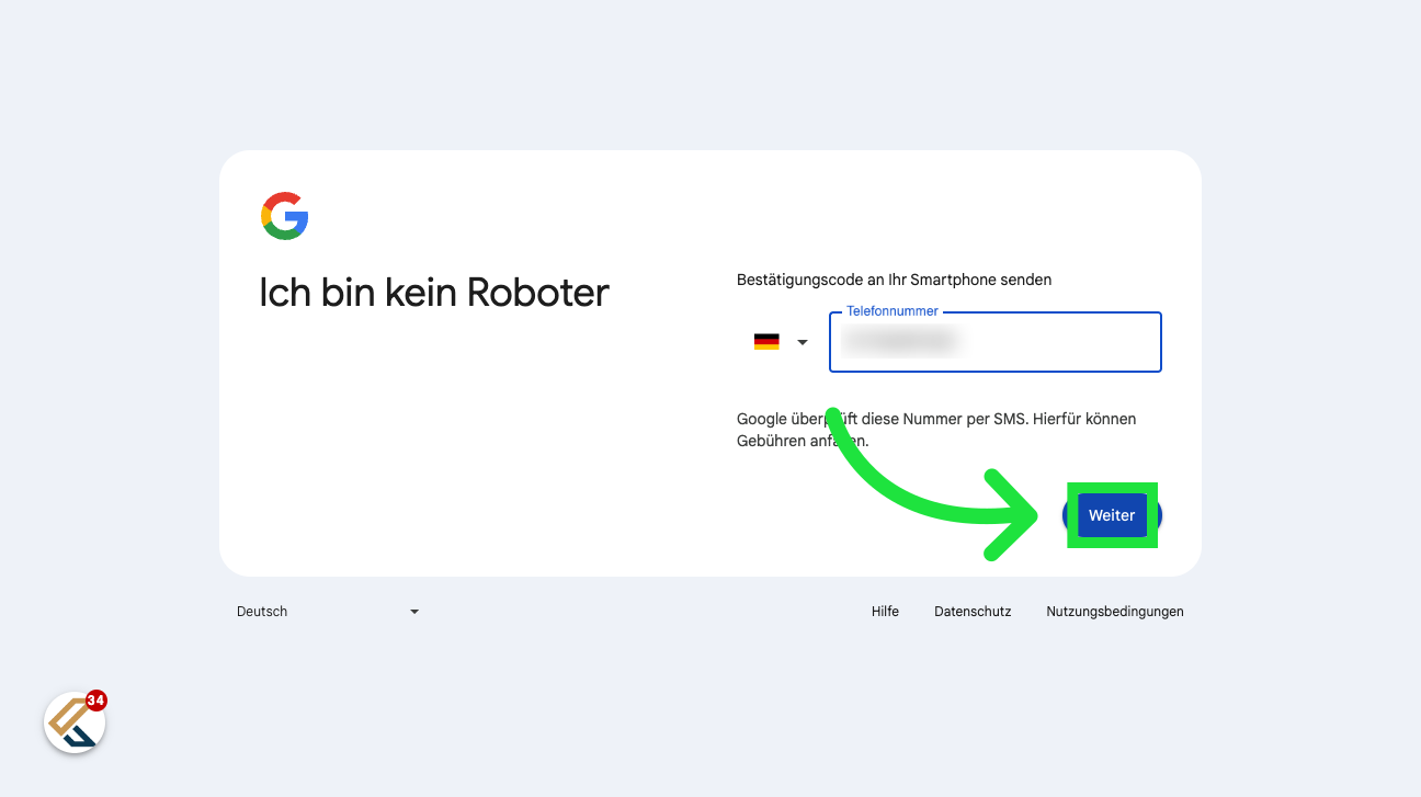 Handynummer eintragen und 'Weiter' klicken.