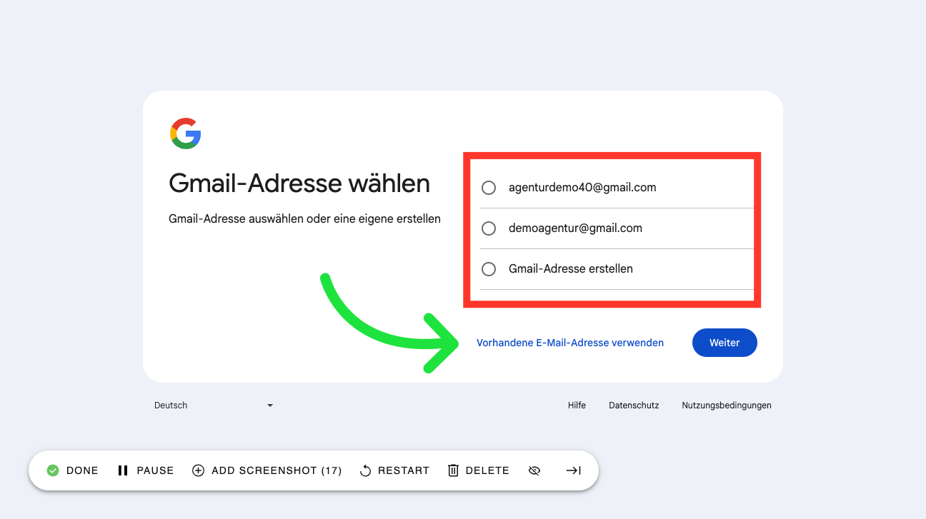 Achtung: Wählen Sie keine Gmail-Adresse aus