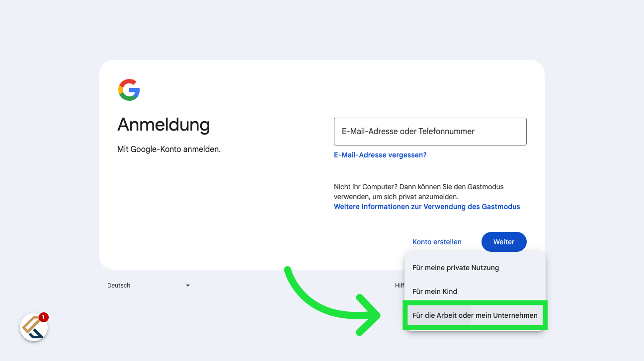 Klicken Sie im Dropdown-Menü 'Für die Arbeit oder mein Unternehmen'