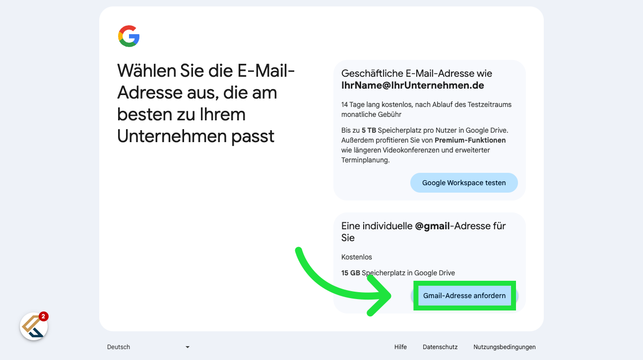 Klicken 'Gmail-Adresse anfordern'
