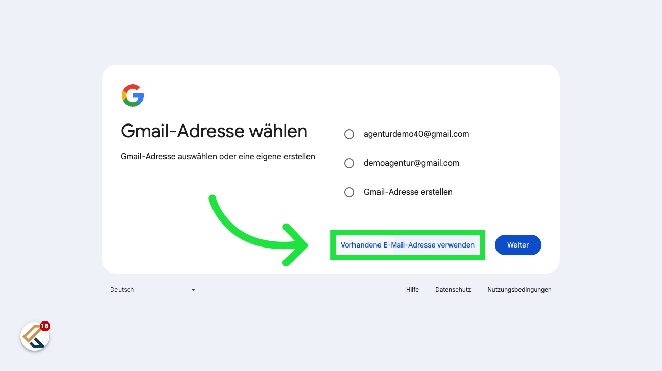 Klicken Sie auf 'Vorhandene E-Mail-Adresse verwenden'