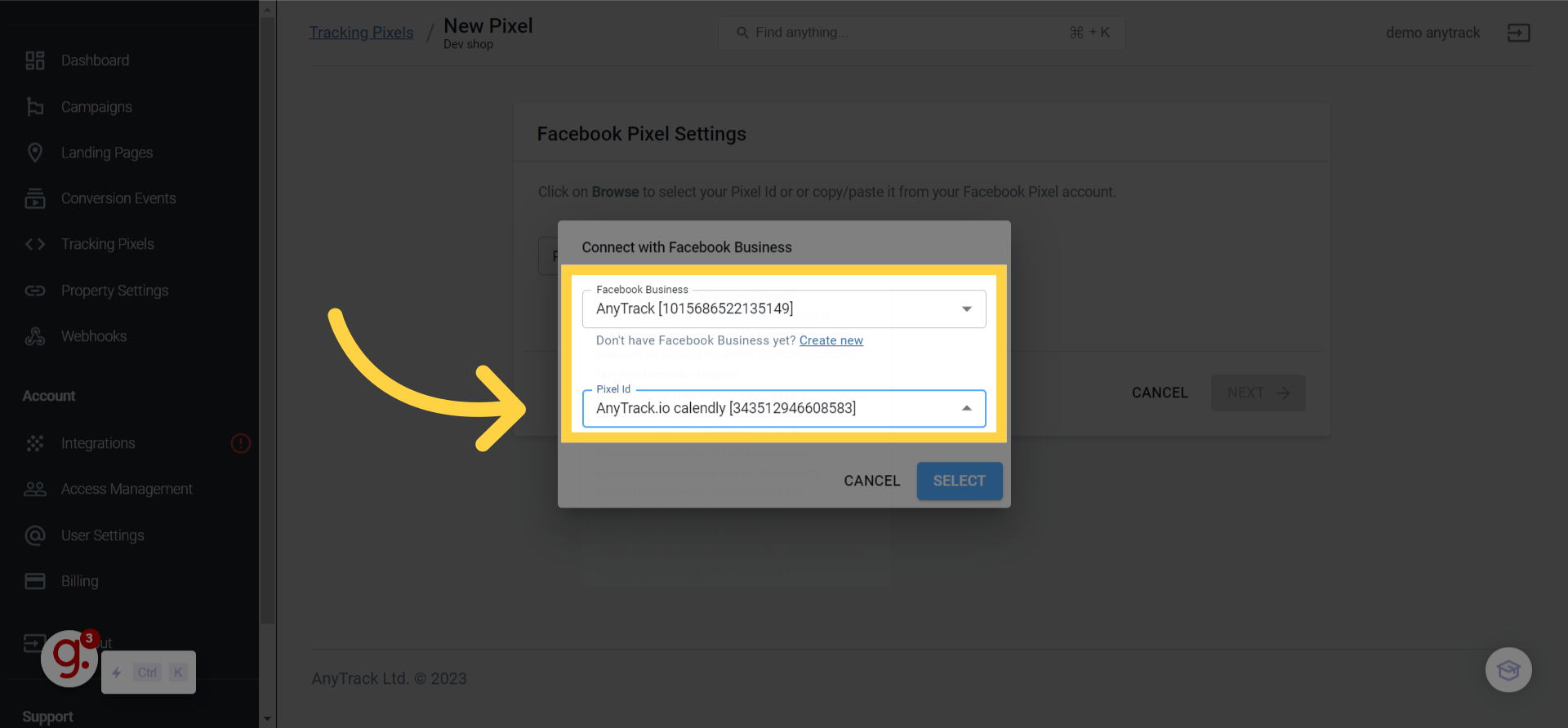 Select your Facebook Business Manager & Pixel ID