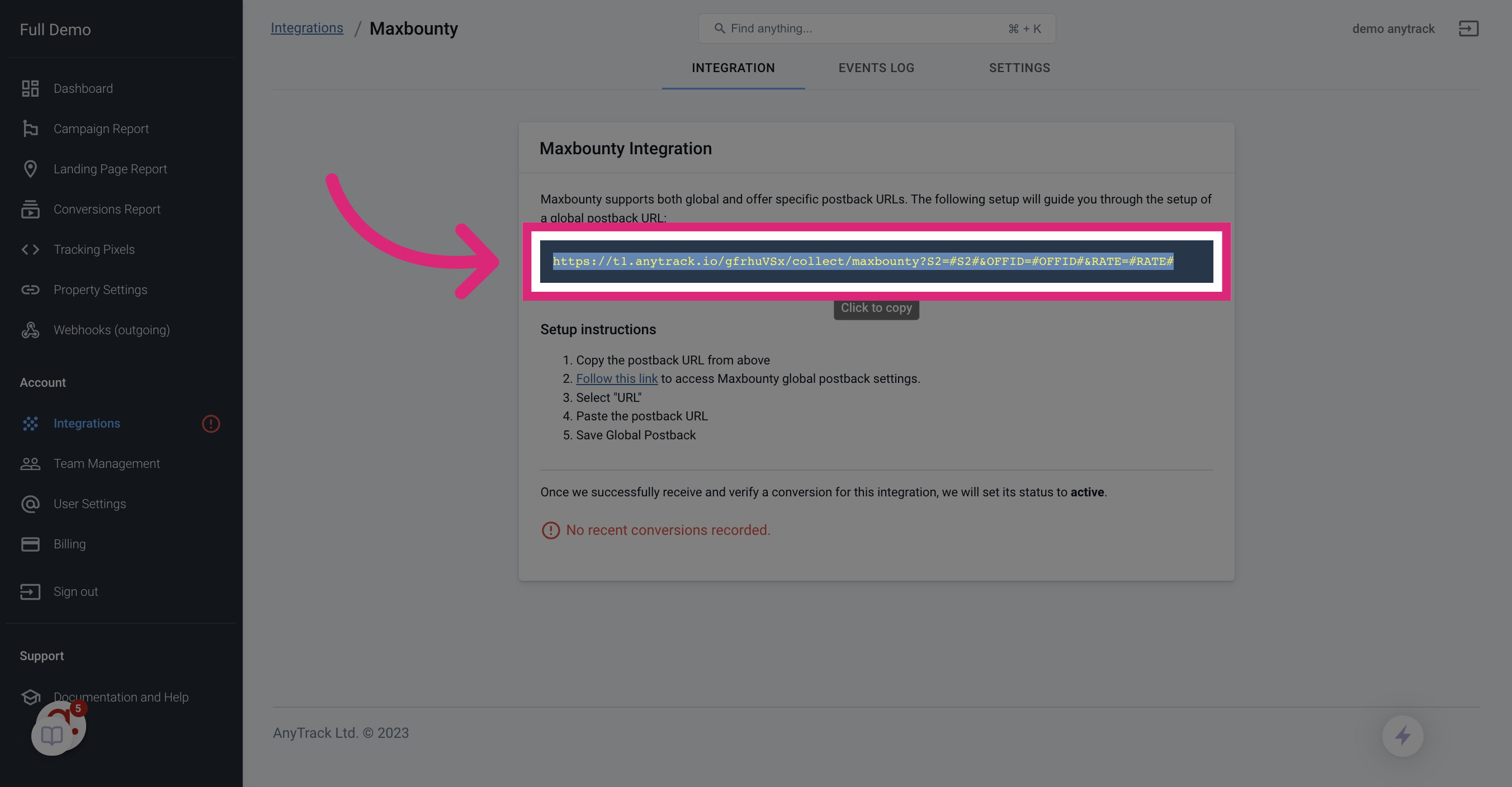 Click On the postback URL