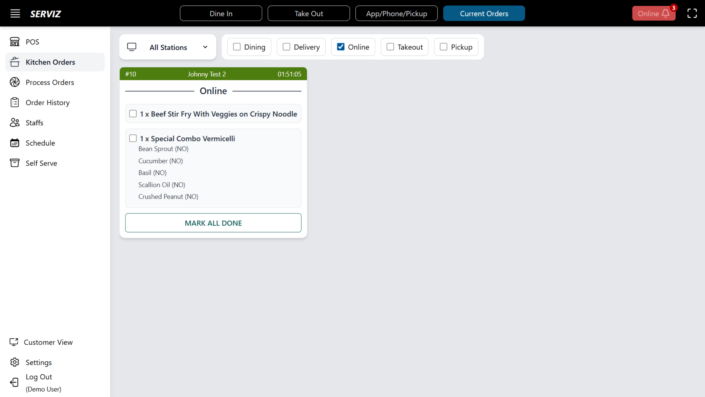 Online Orders selected