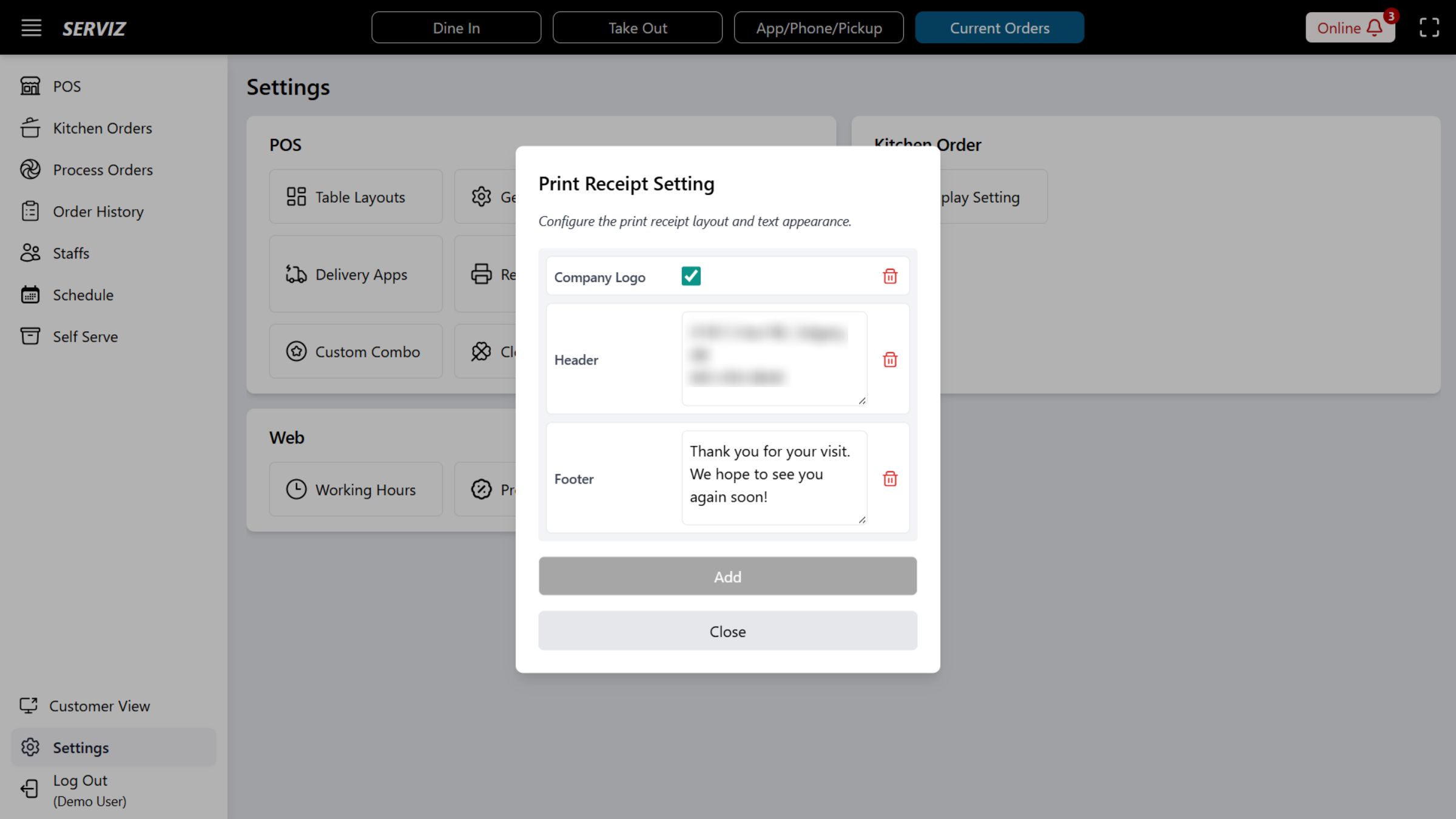 Modify Receipt Settings