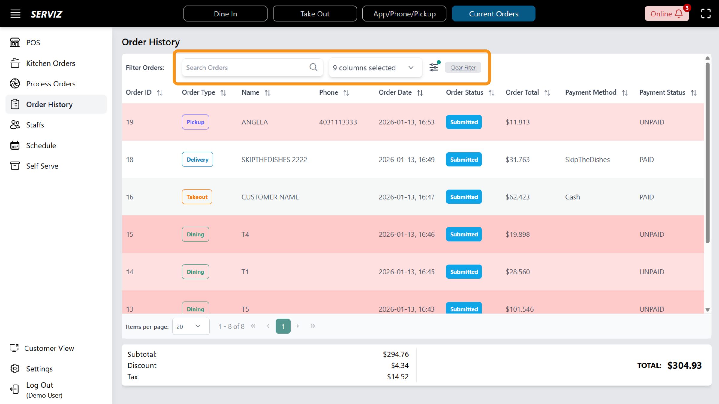 Order History Filters
