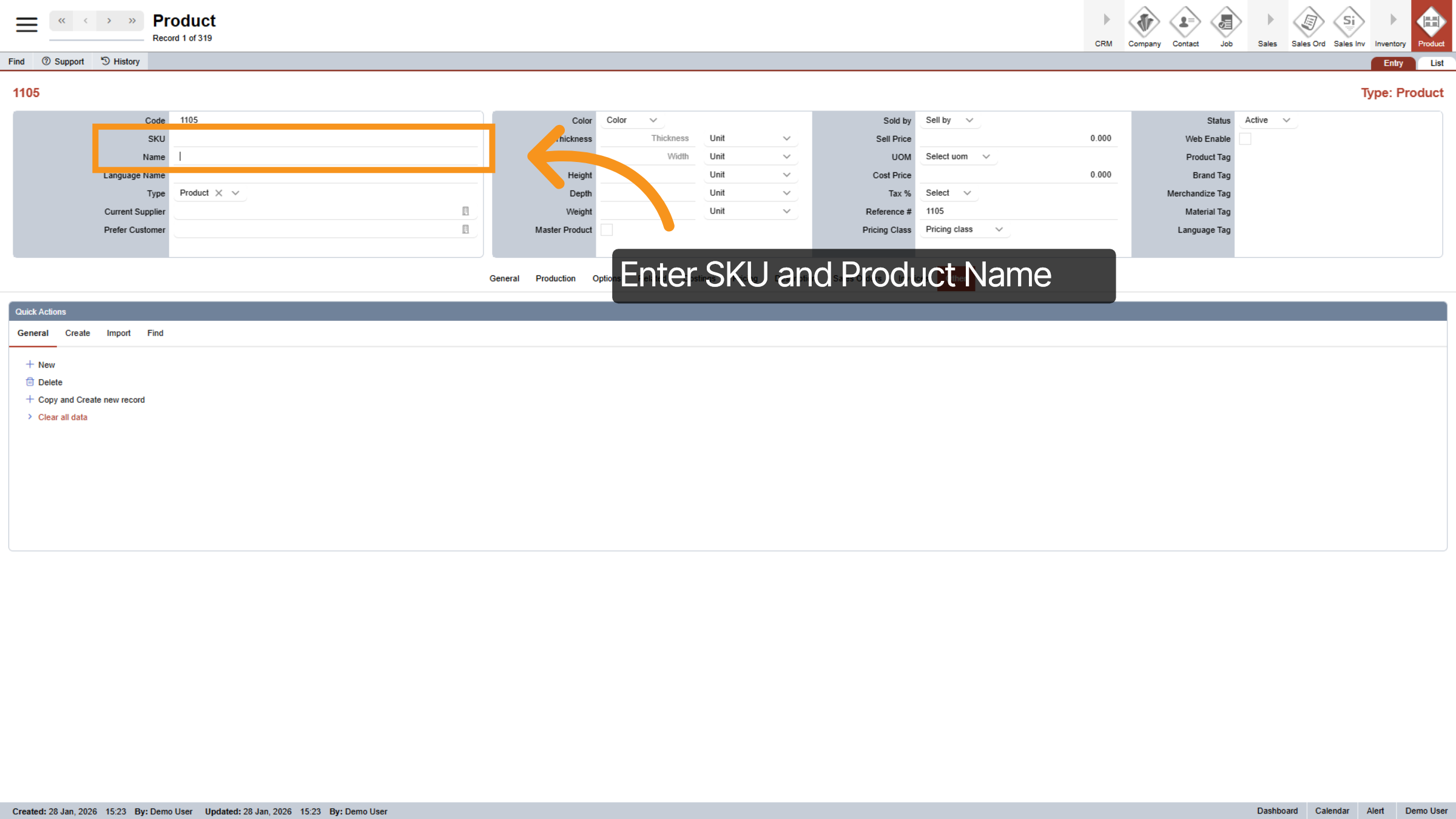 Enter SKU and Product's Name