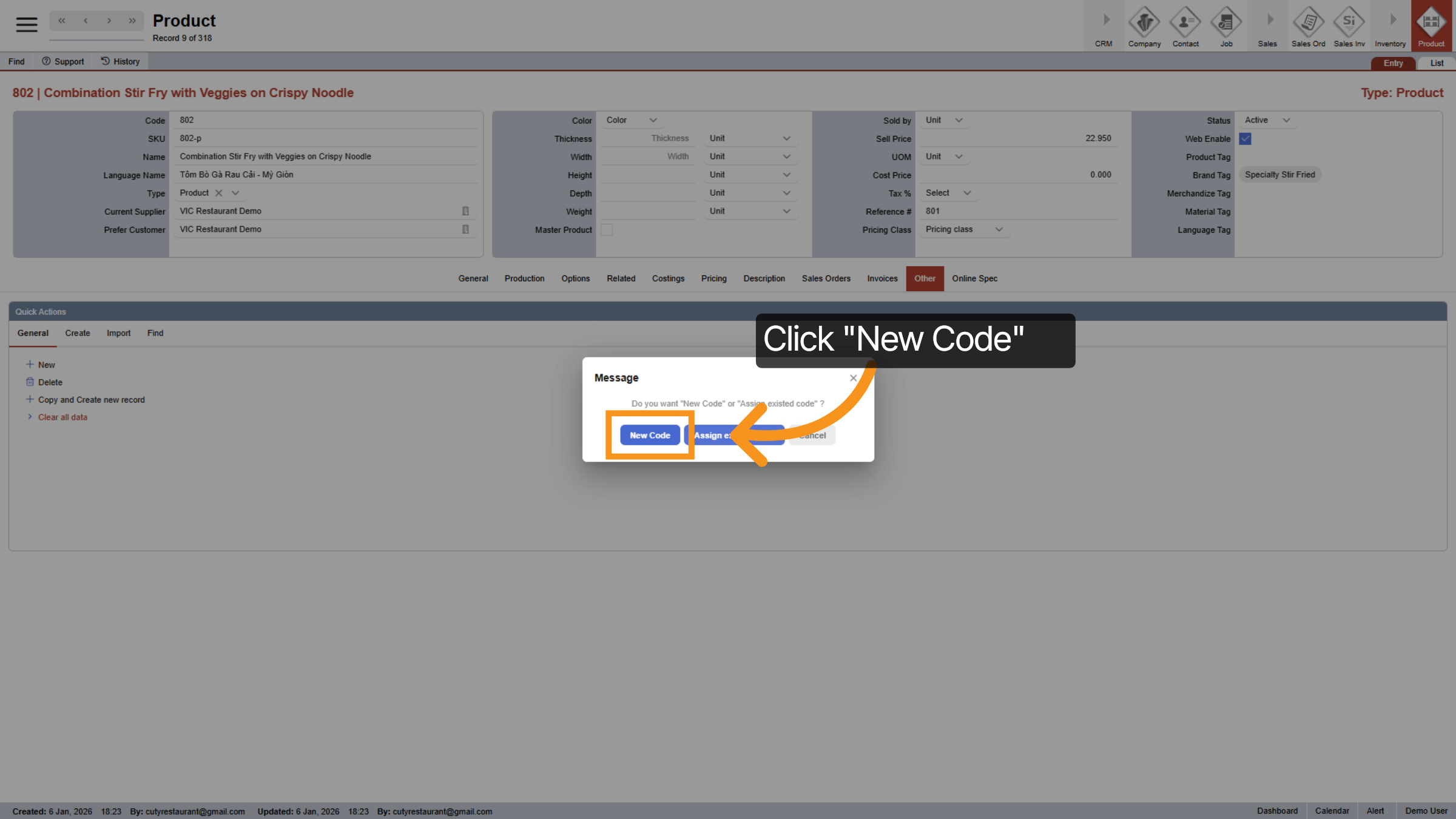 Select New Code Option