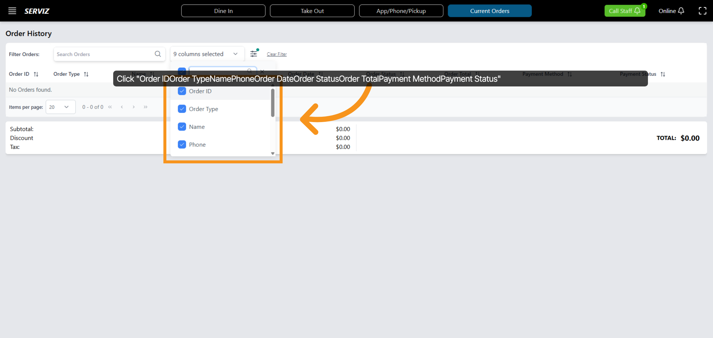 Click Order History Columns
