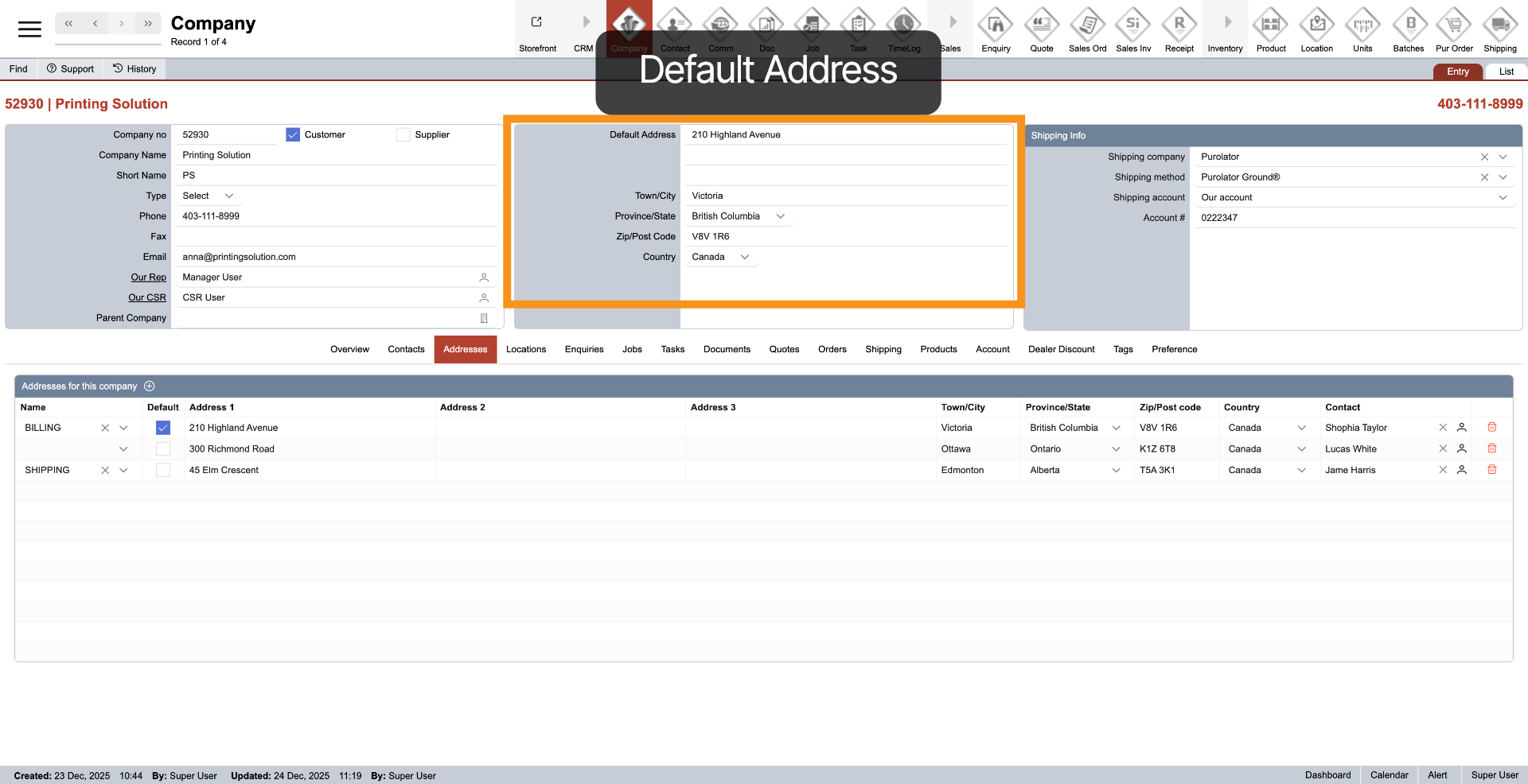 Default Address Information