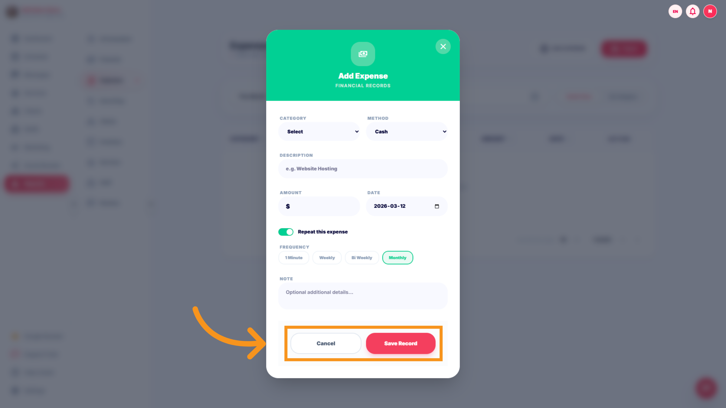 Cancel / Save record Expense Entry