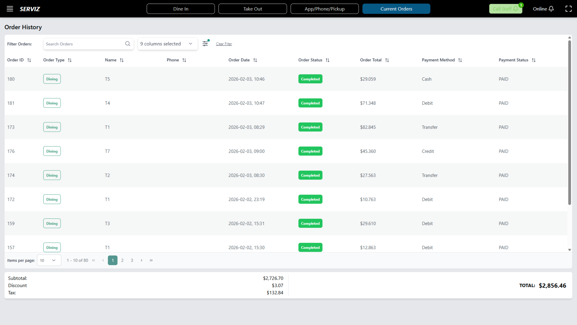 Order history interface