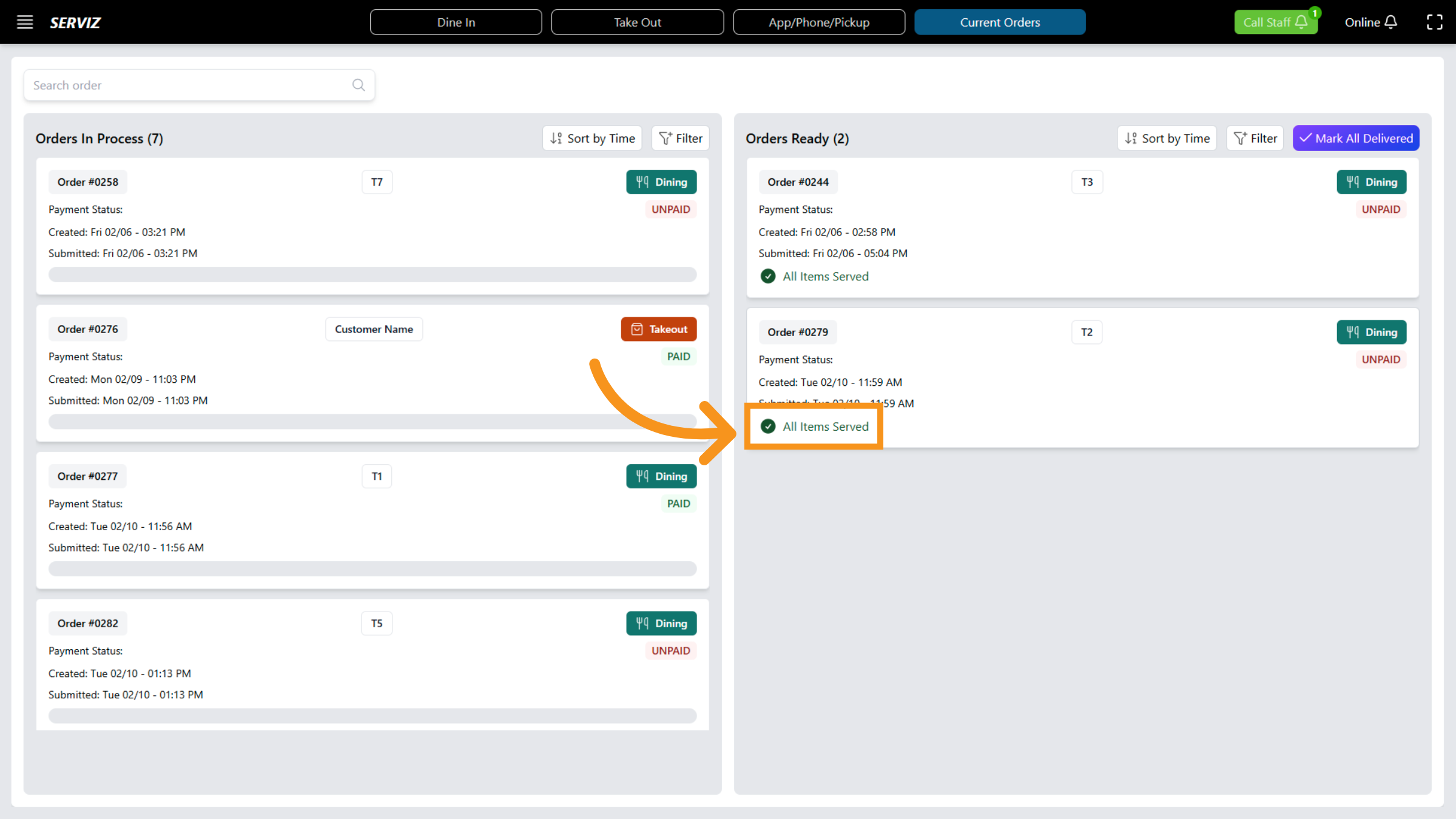 Access Mark All Items Served