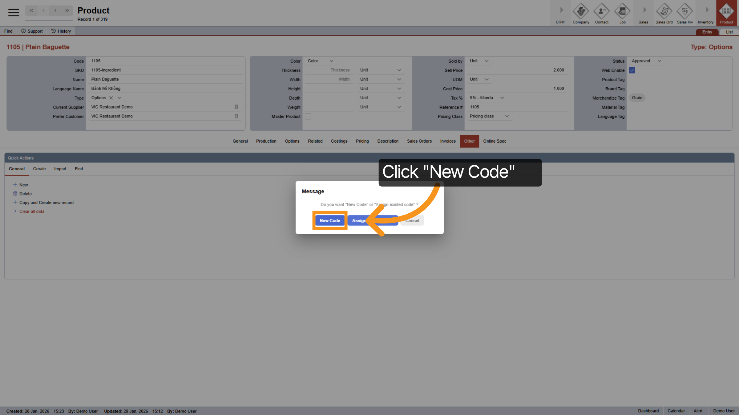 Select New Code Option