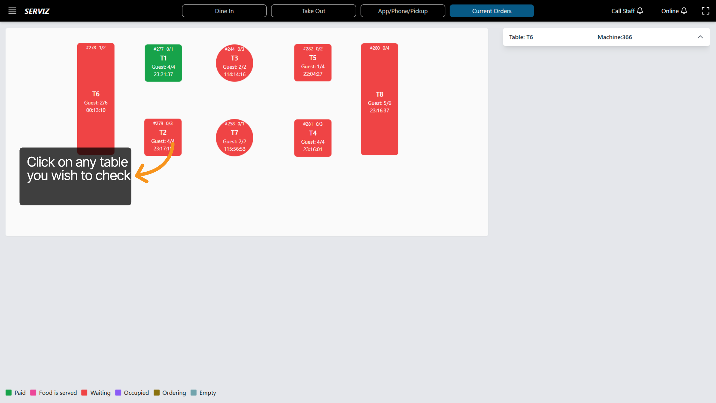 Open Current Orders or Dine In