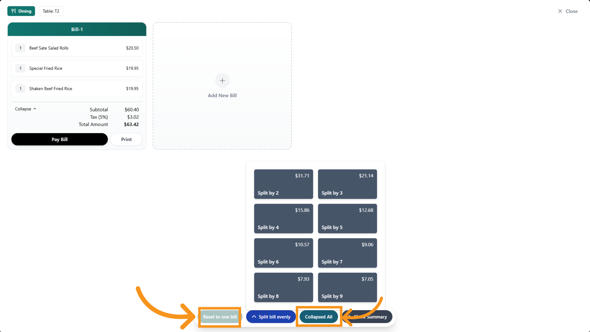Reset to Single Bill