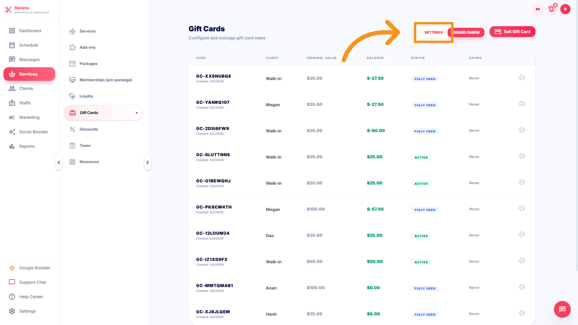 Access Gift Card Settings