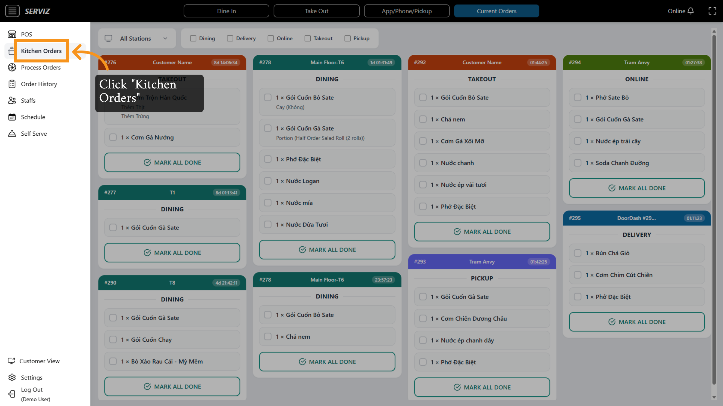 Open Kitchen Orders Section