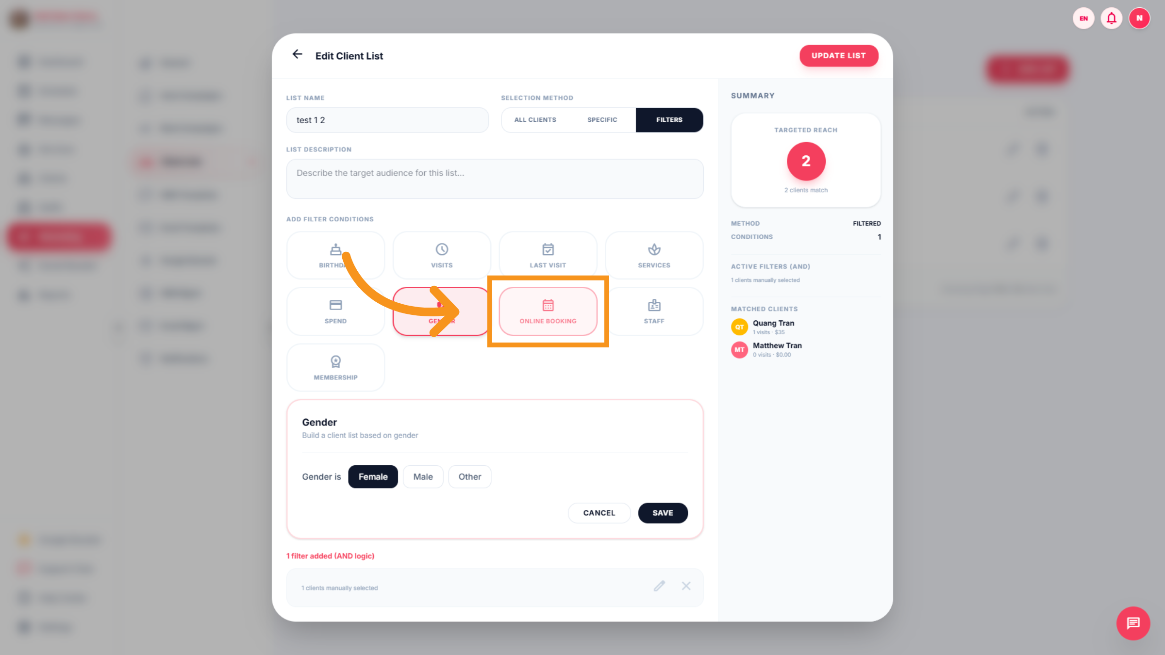 Access Online Booking Filter