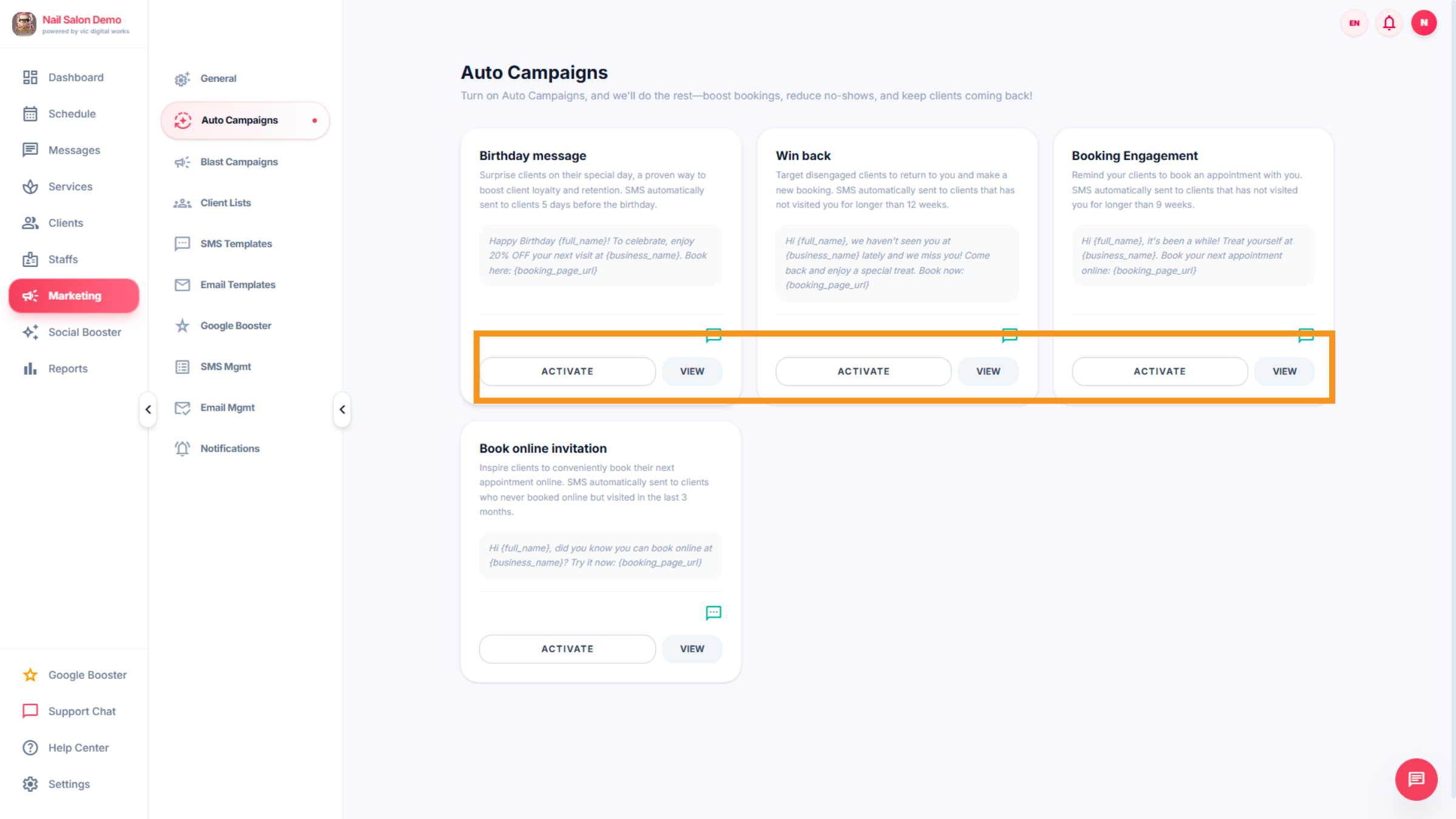 Activate / Deactivate/view Campaign
