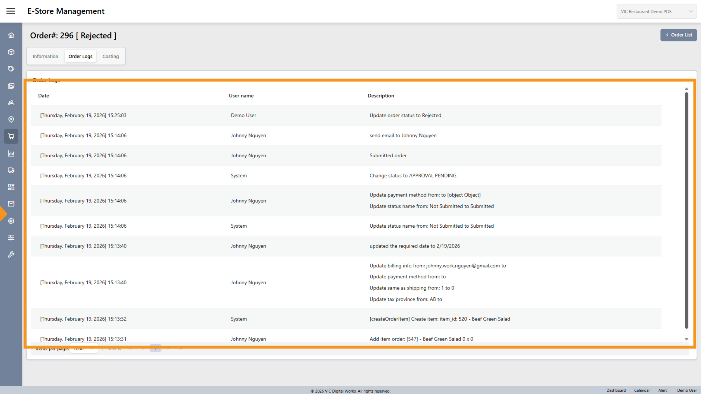 Review Order Log Entries