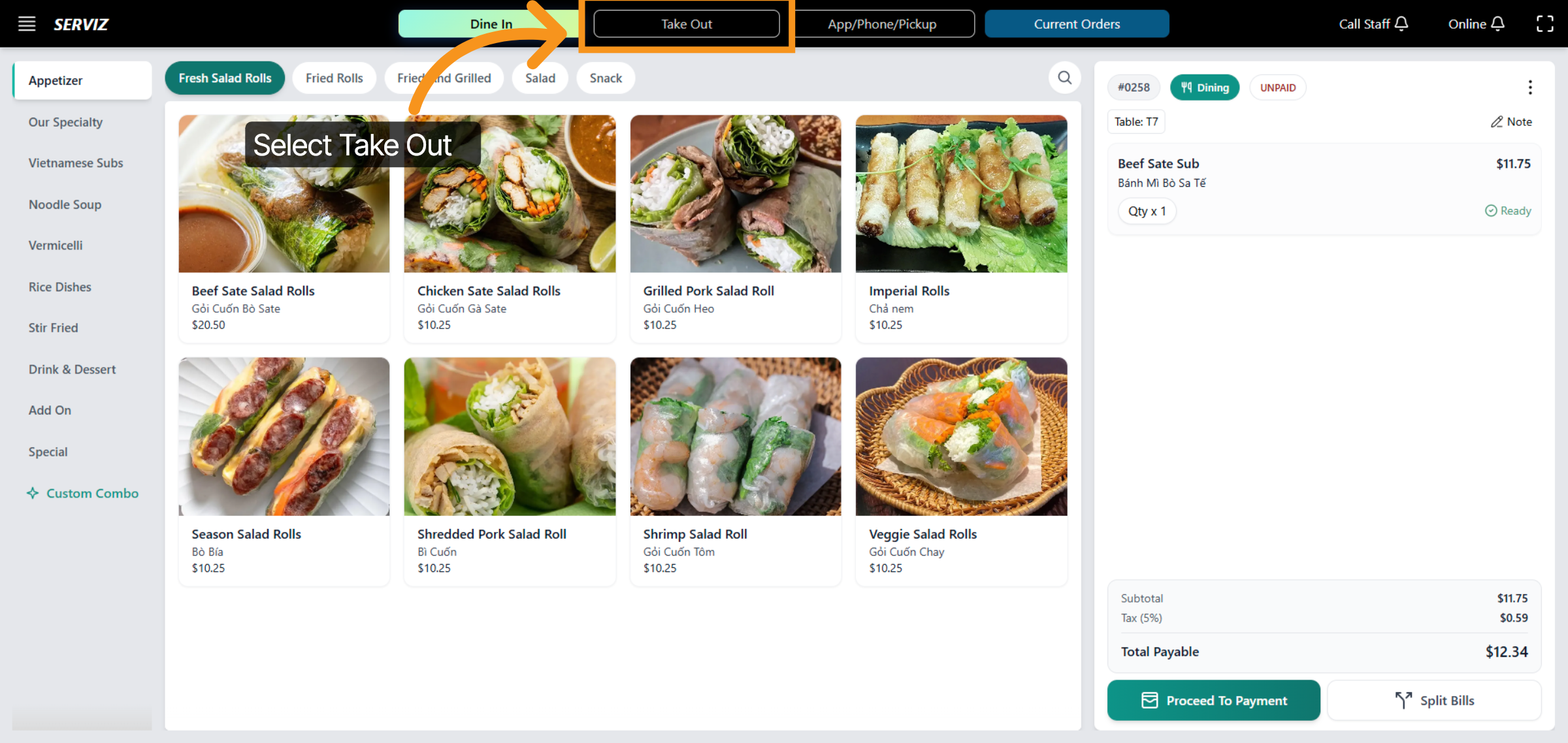 Select Take Out Option