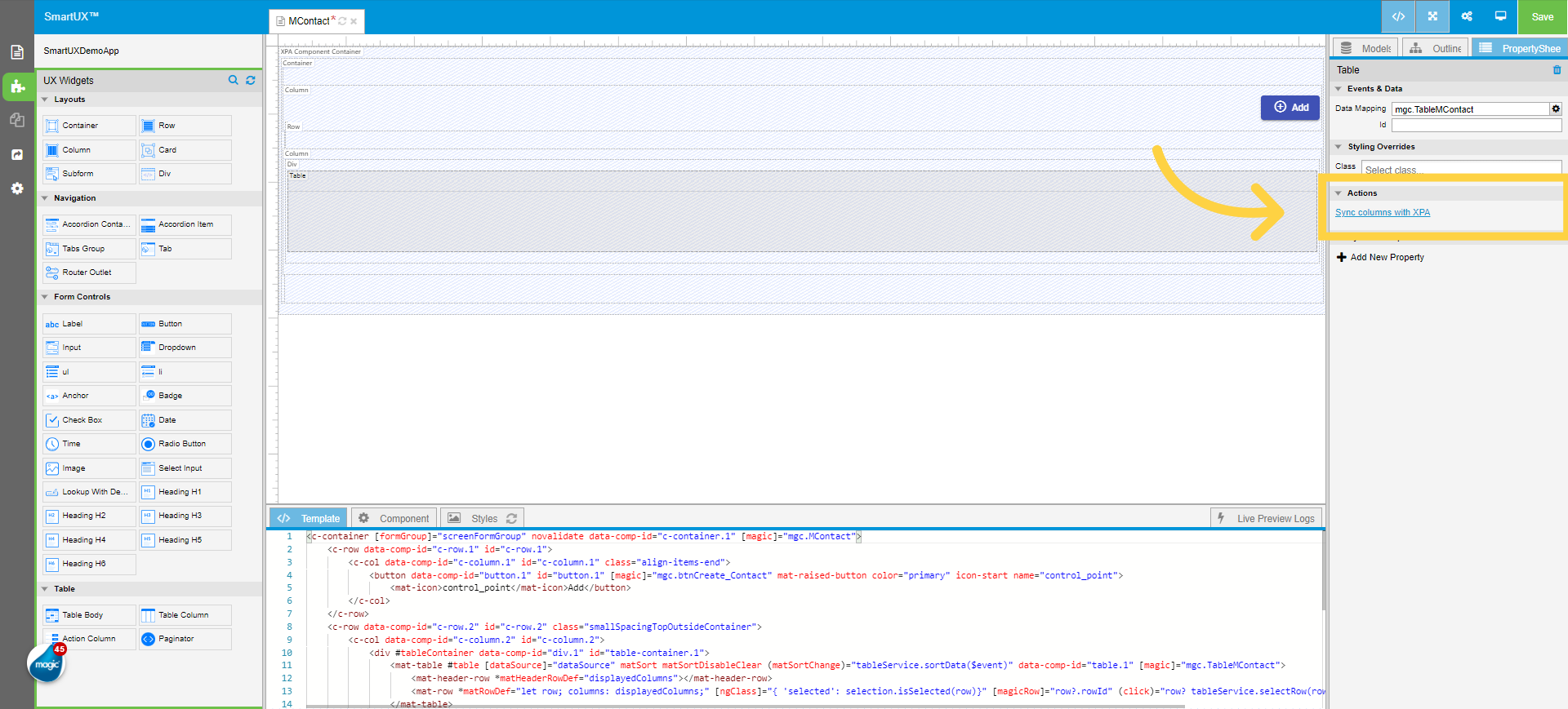 'Sync columns with XPA' Action Property