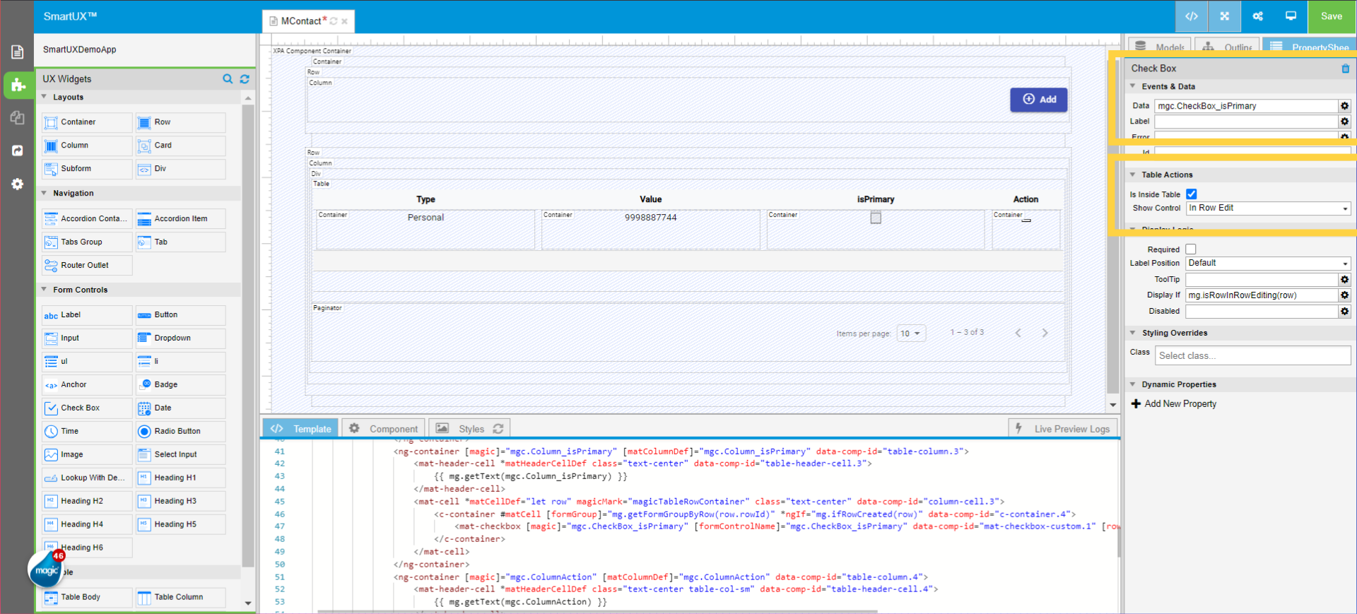 Set Checkbox widget properties of Value Column for In-Row Edit