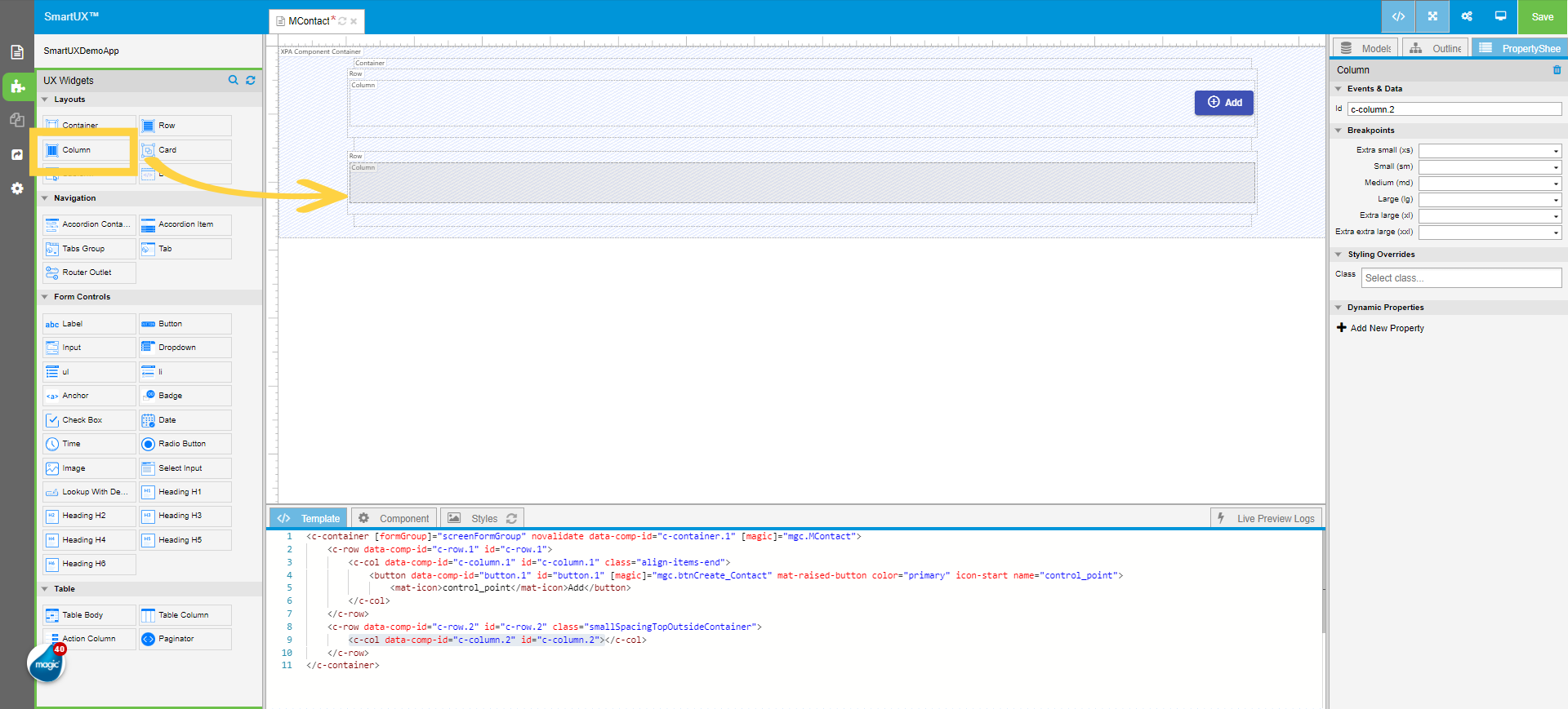 Drag and drop the Column widget in last dropped Row