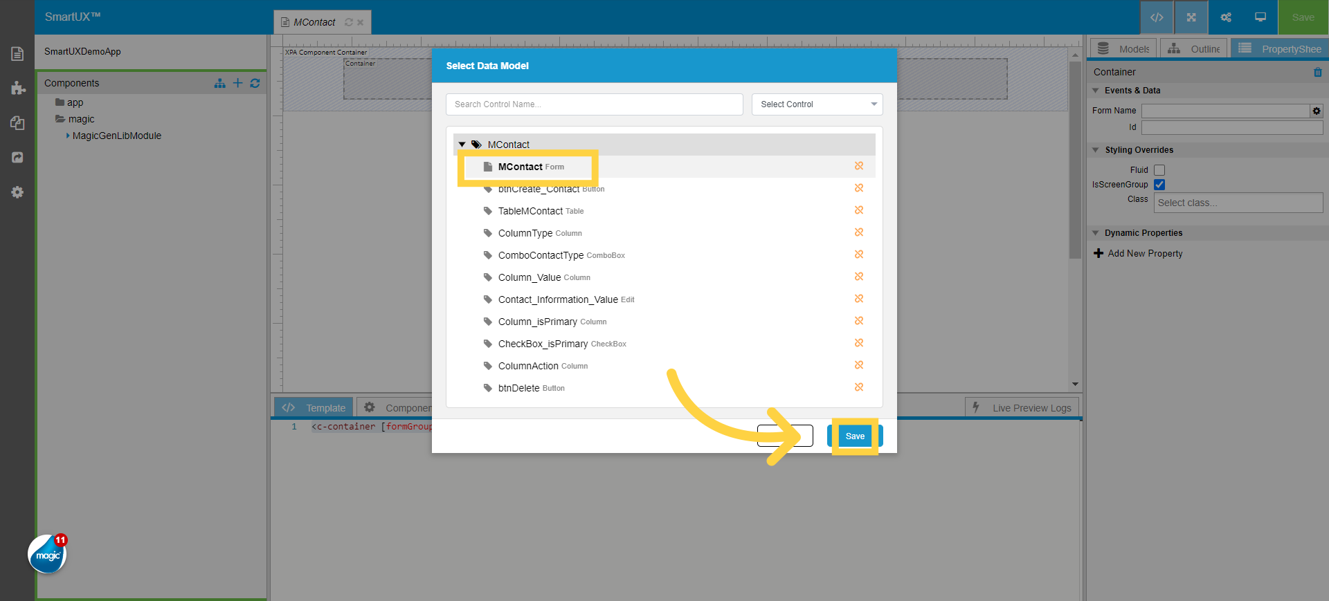 Select Form Name Data Model to Container