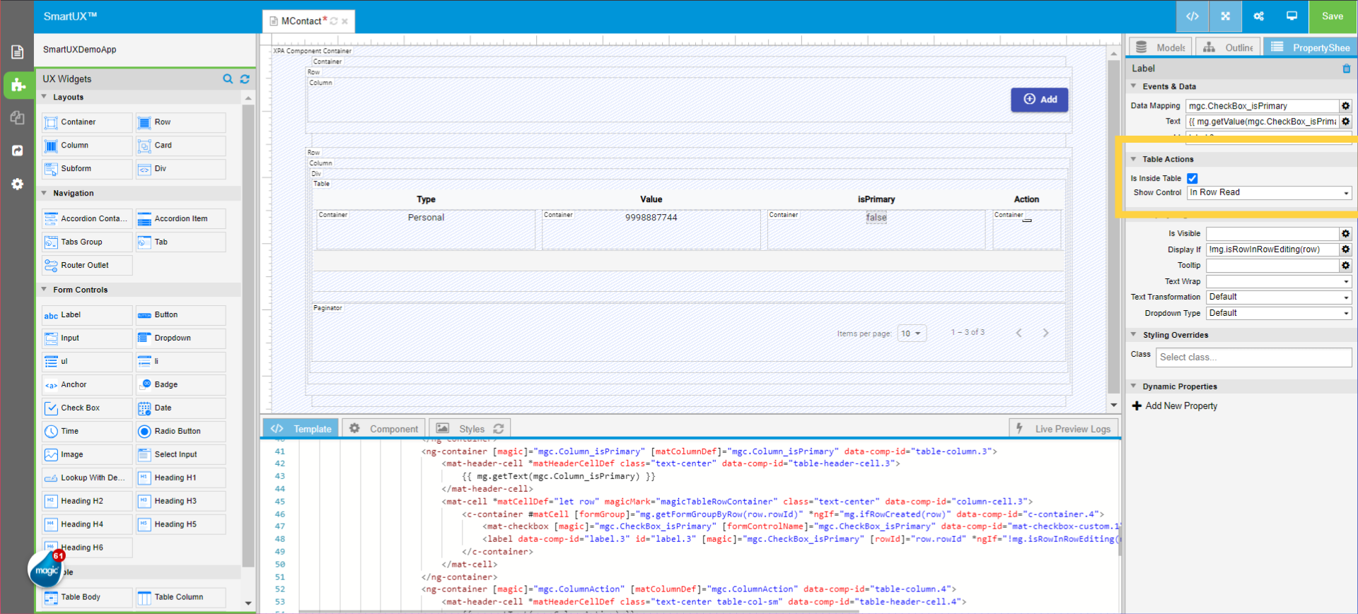 Set Table Action properties for Label from IsPrimary Column